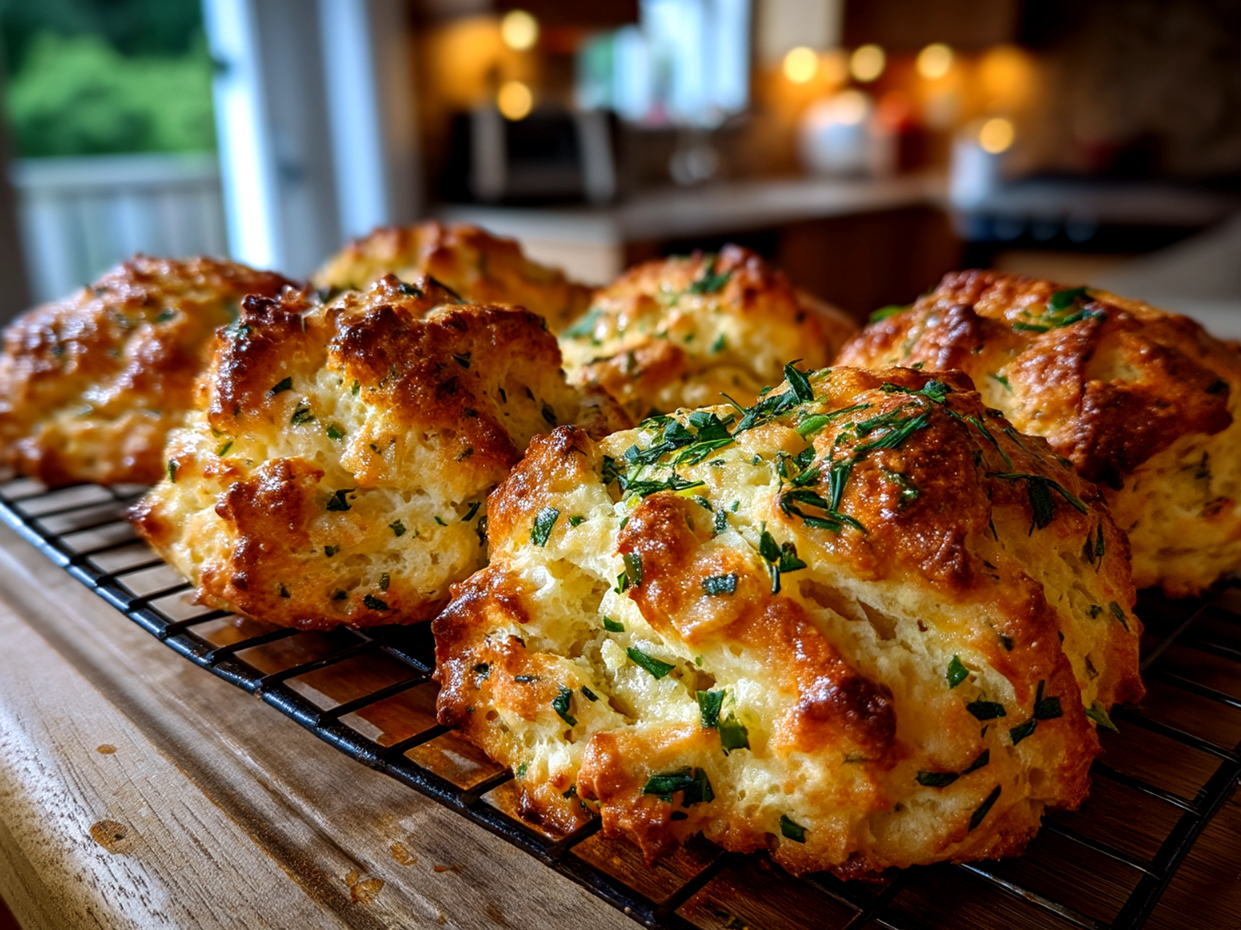 Close-up of freshly baked beautiful cottage cheese and herb biscuits