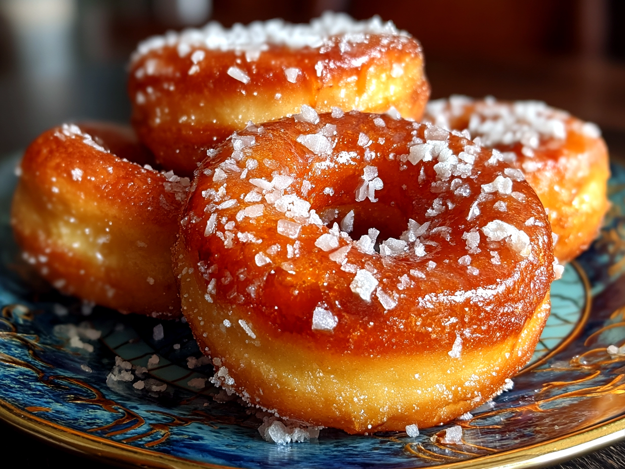 Close-up of finished beautiful sourdough discard sugar donuts, coated with sugar and cinnamon
