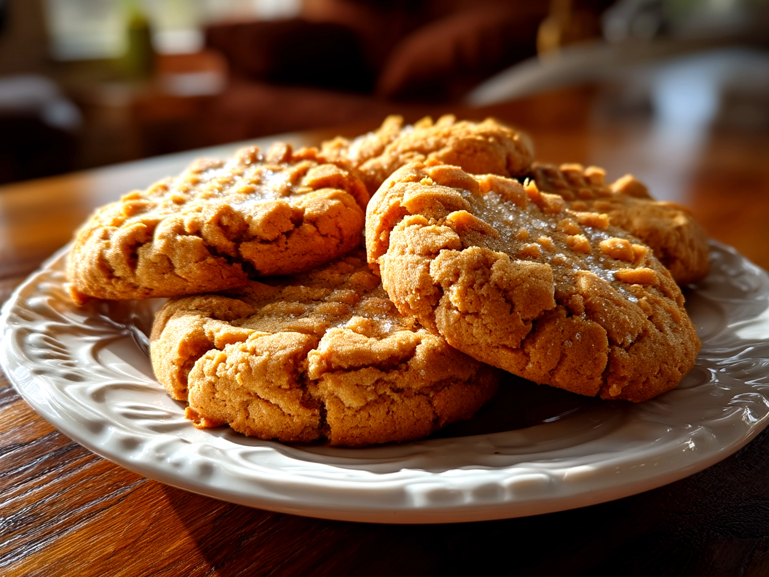Close-up of finished peanut butter cookies stacked on a plate