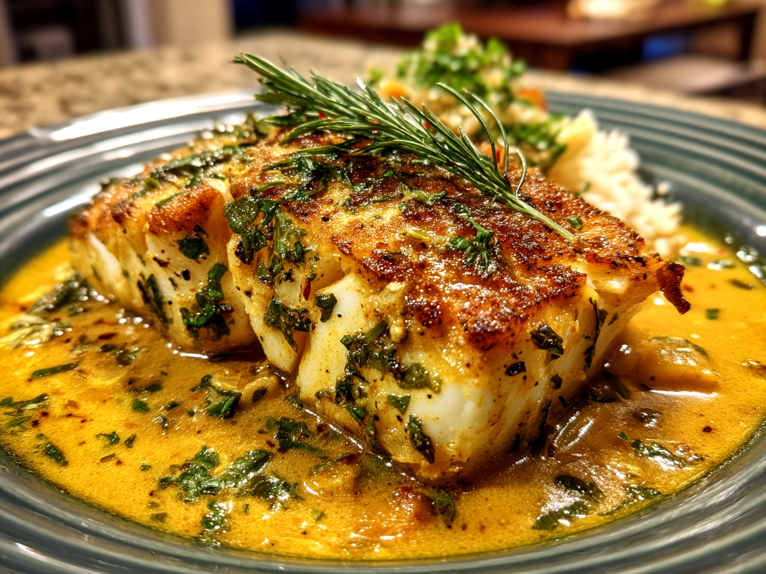 Served Coconut Curry Baked Cod garnished with cilantro paired with jasmine rice and vegetables