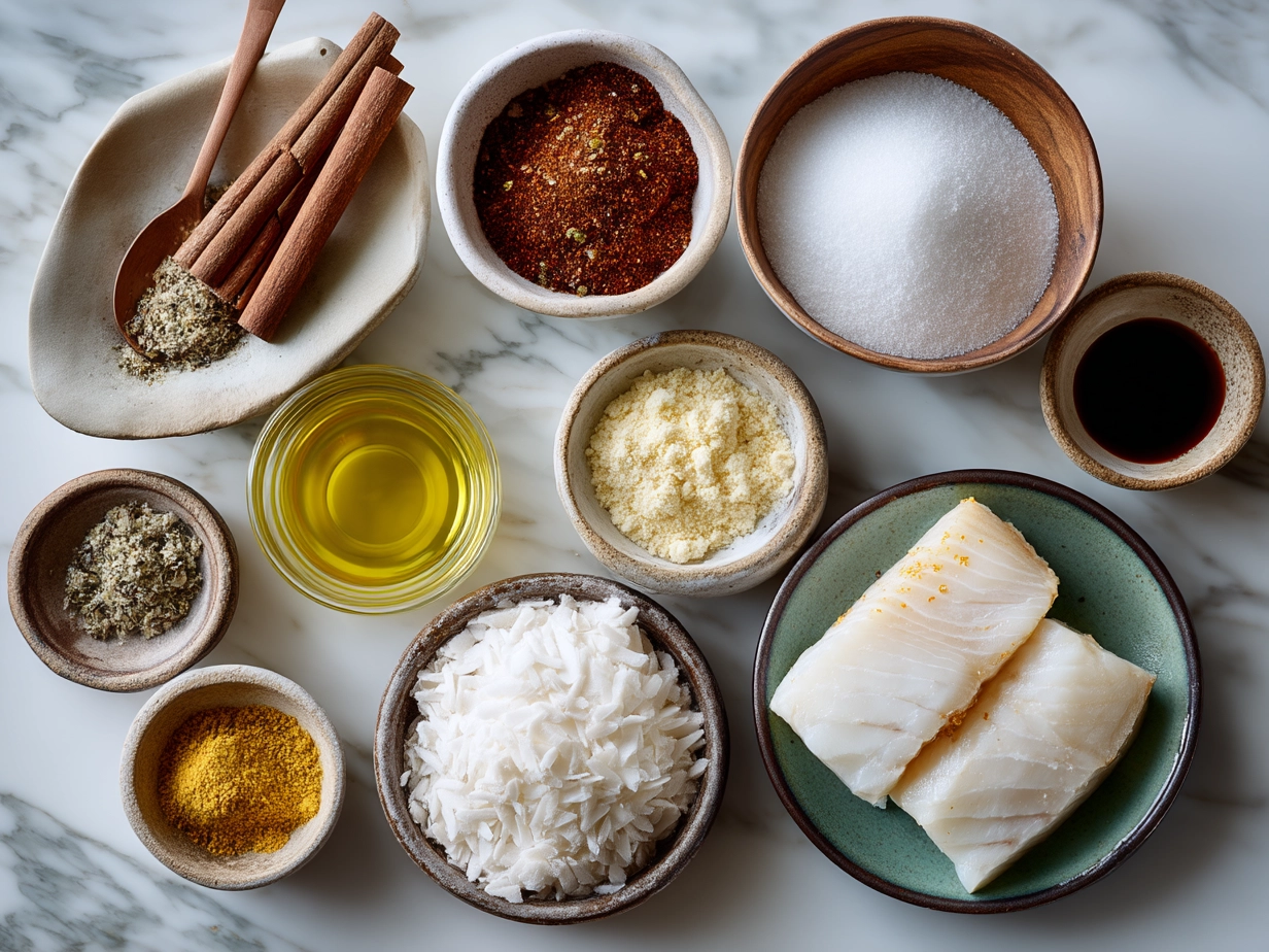 Ingredients for Coconut Curry Baked Cod including cod fillets, coconut milk, spices, onion, garlic and cilantro