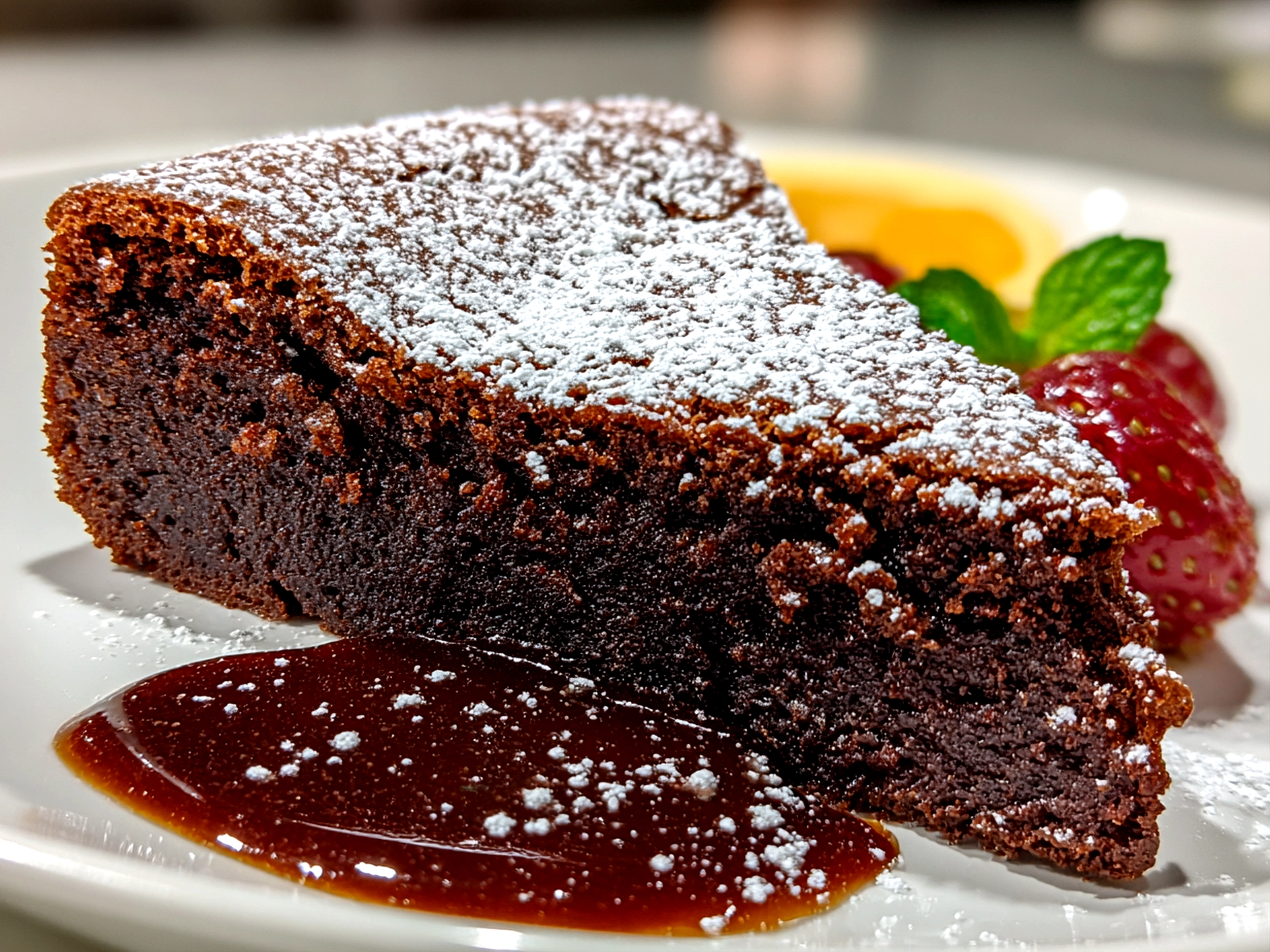Comforting homemade gooey chocolate cake close-up