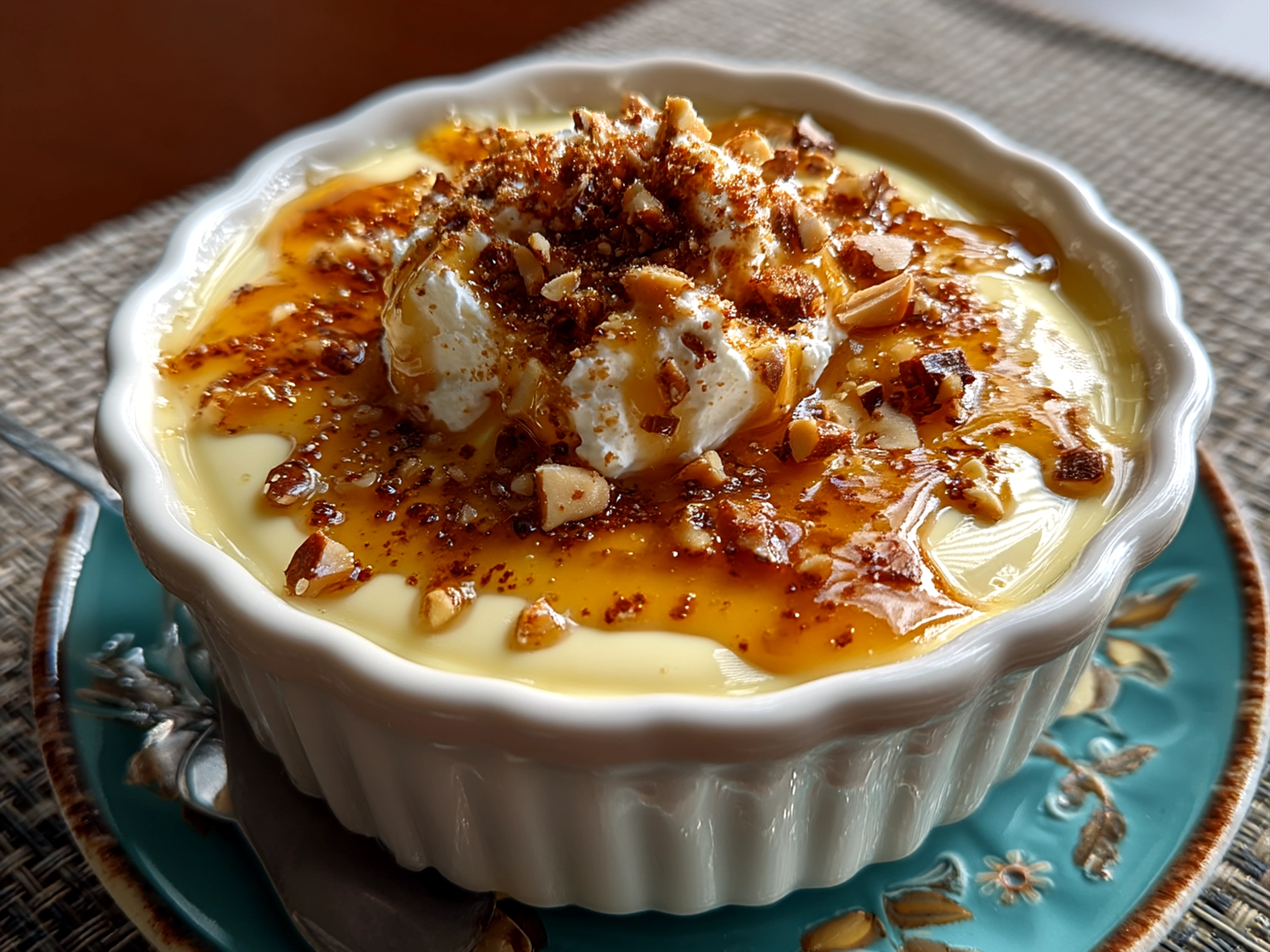 Serving suggestion of creamy Cottage Cheese Peanut Butter Mousse garnished with chopped peanuts and peanut butter drizzle