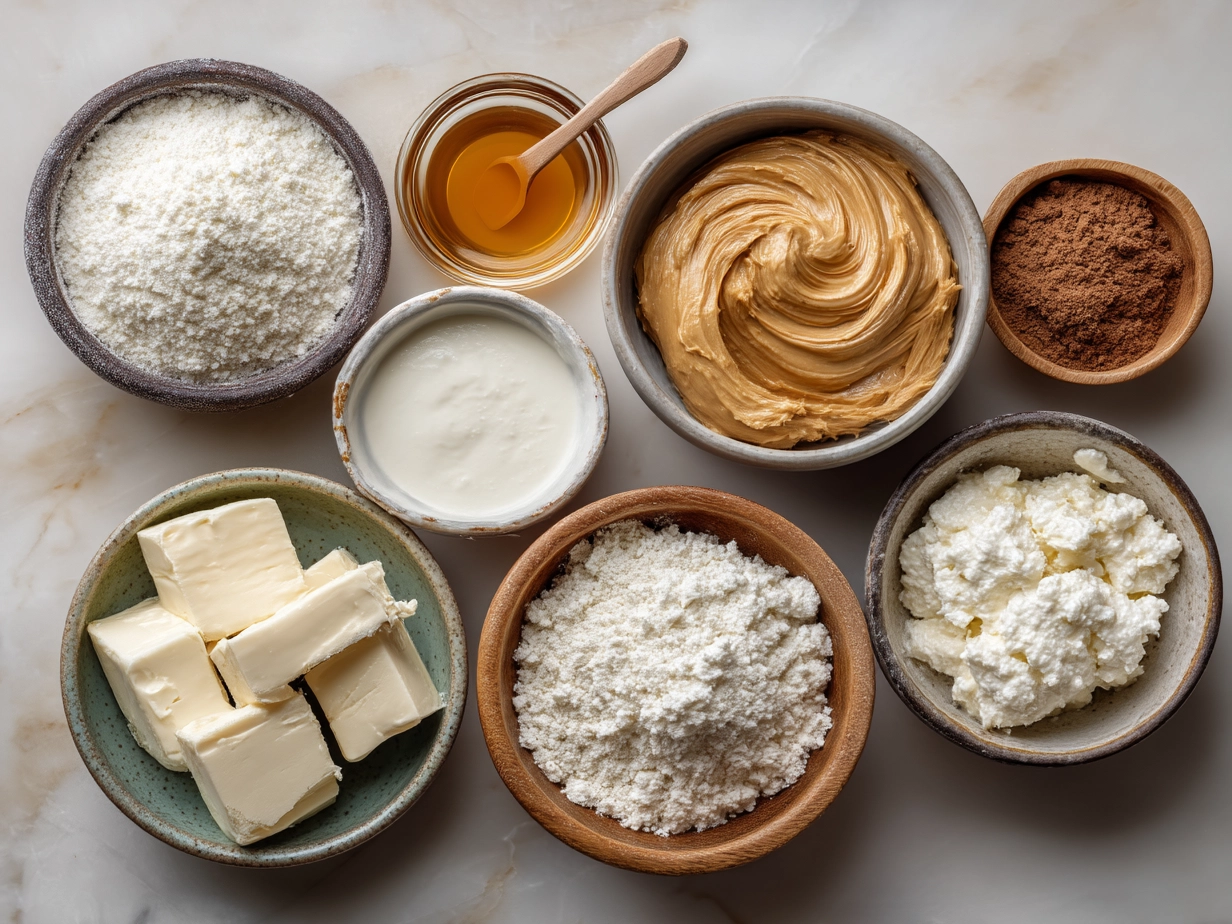 Ingredients for Cottage Cheese Peanut Butter Mousse including cottage cheese, peanut butter, honey, vanilla, cinnamon, salt, and optional Greek yogurt