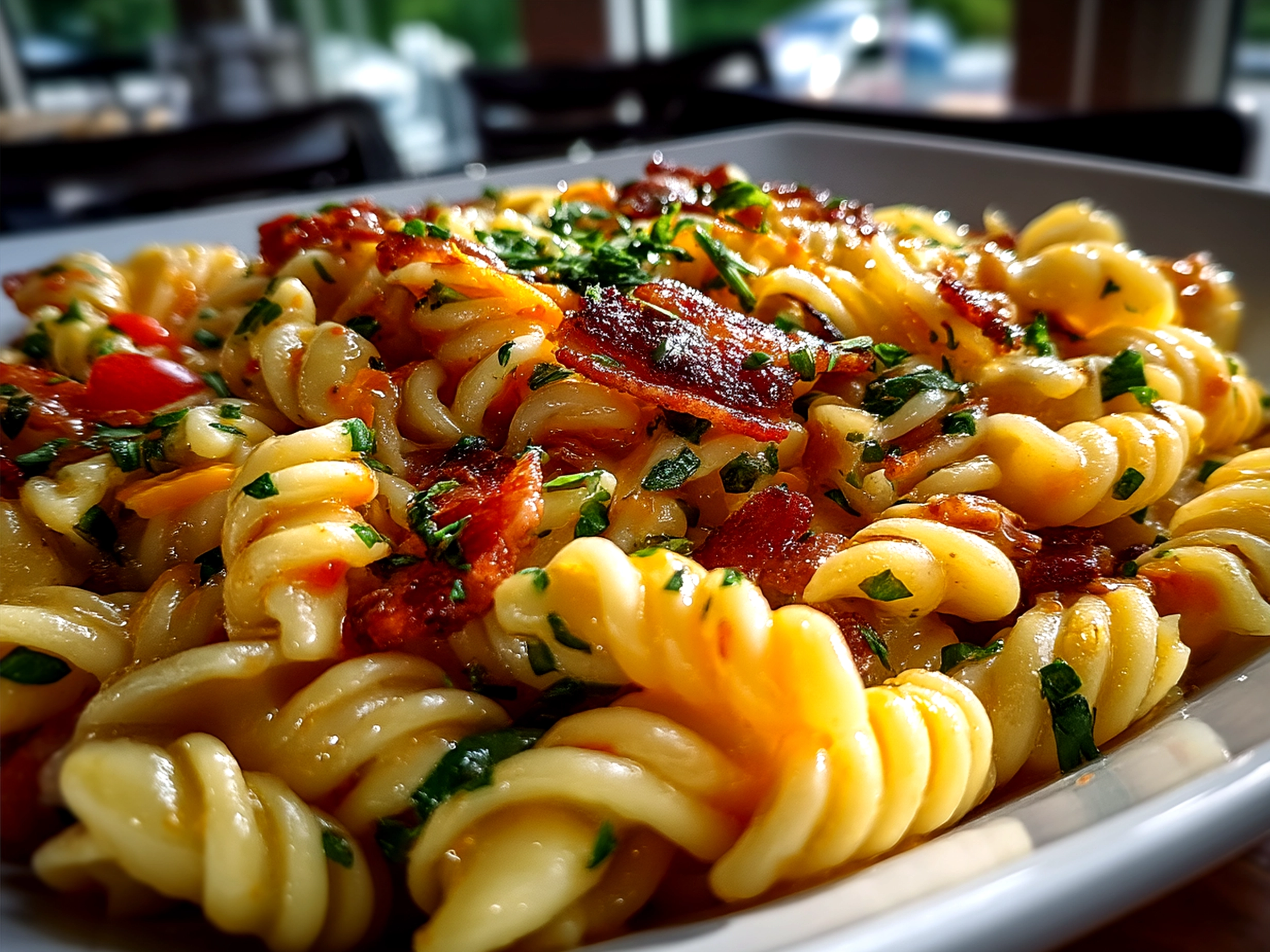 Serving bowl of vibrant Cowboy Pasta Salad garnished with fresh cilantro and cheddar cheese
