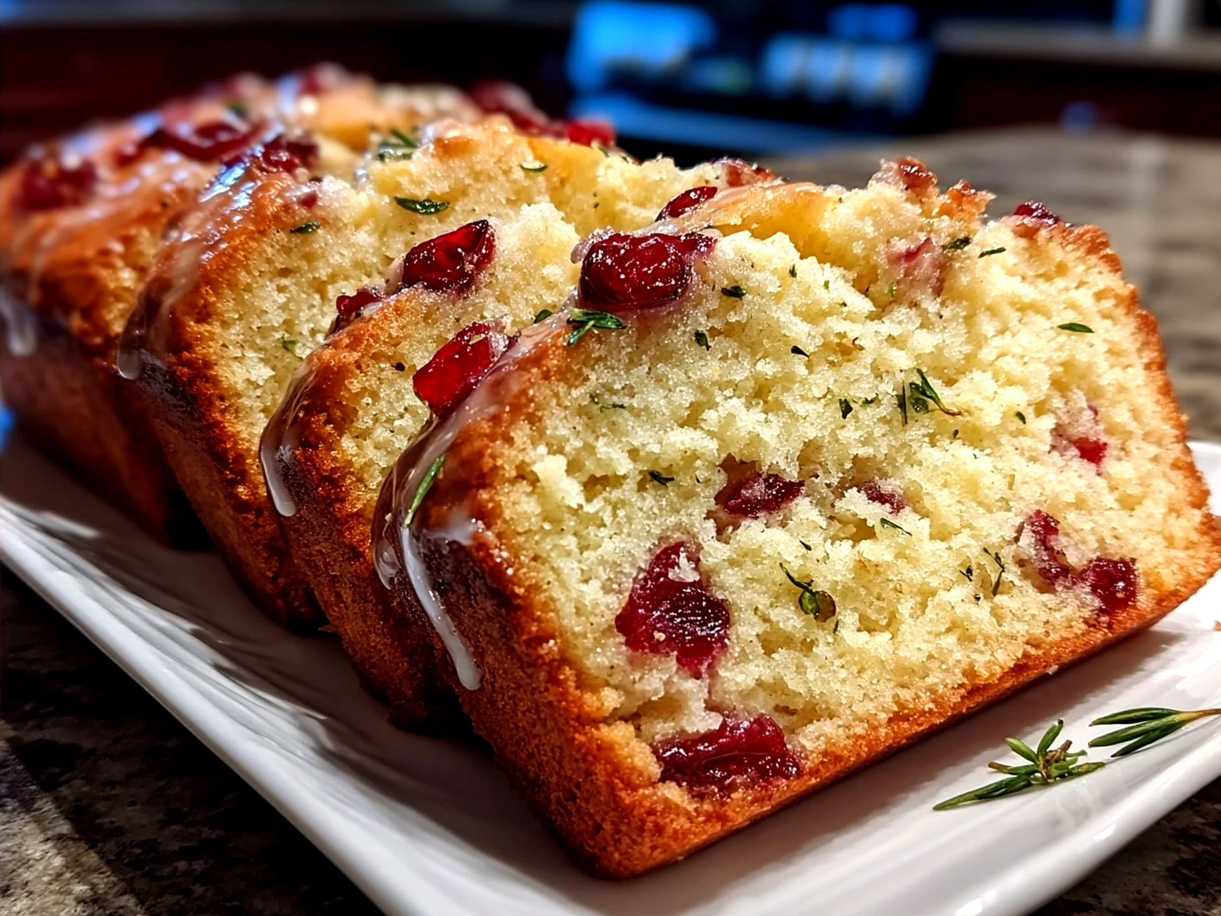 Slices of moist cranberry bread served with butter and a cup of tea