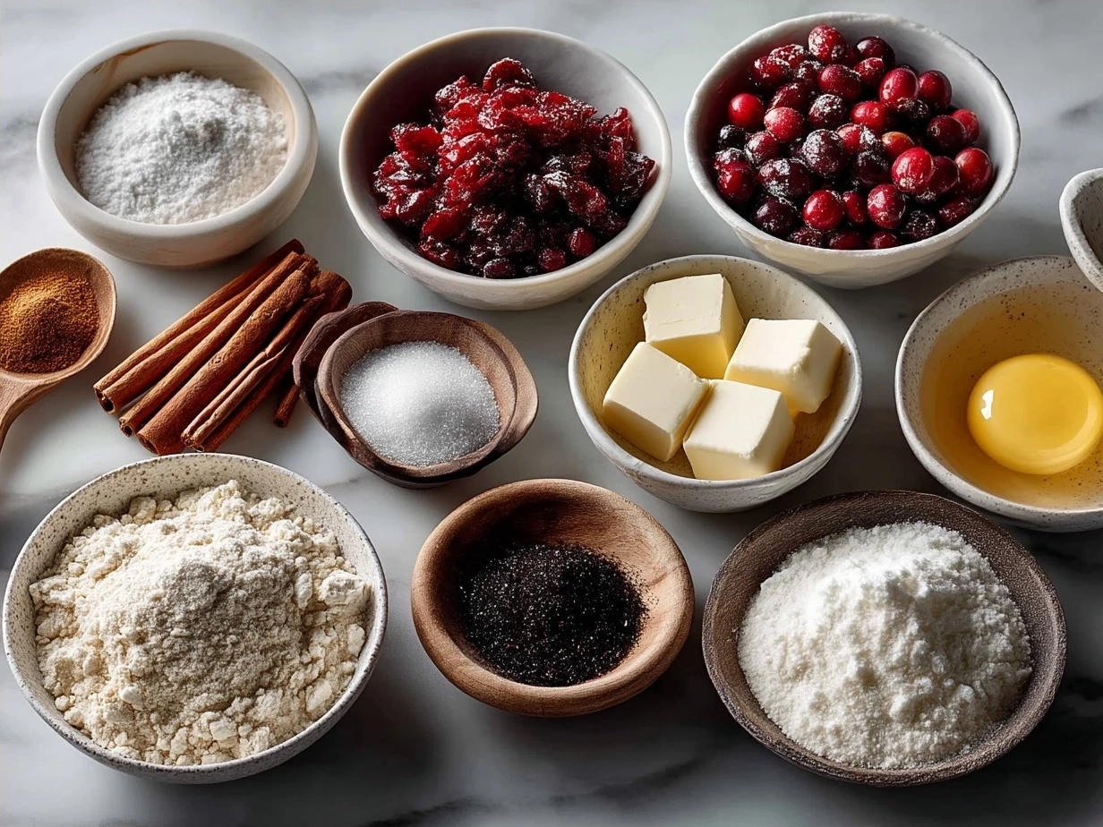 Ingredients for moist cranberry bread including flour, sugar, cranberries, and spices