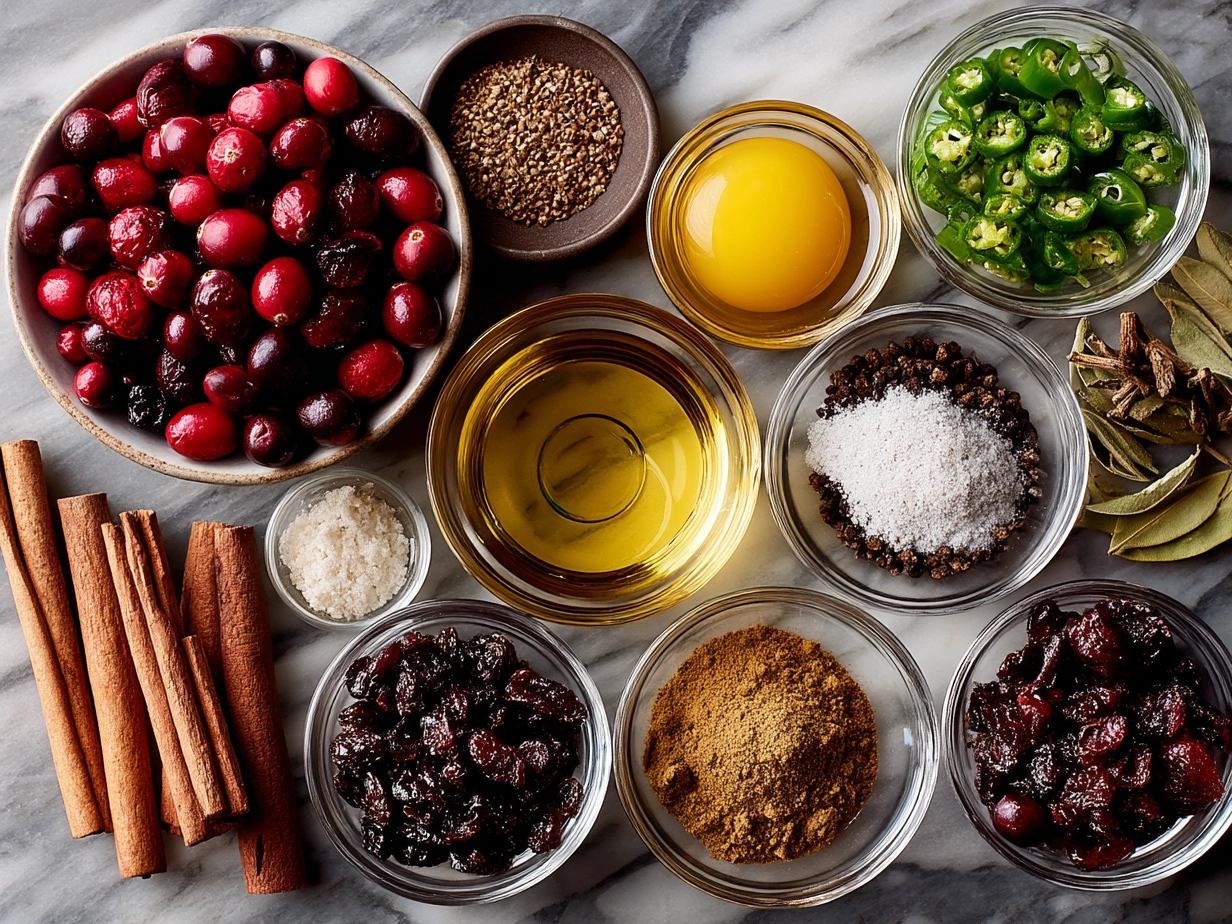 Ingredients for Cranberry Jalapeno Dip including cream cheese, cranberries, jalapenos, sugar, lemon juice, and spices