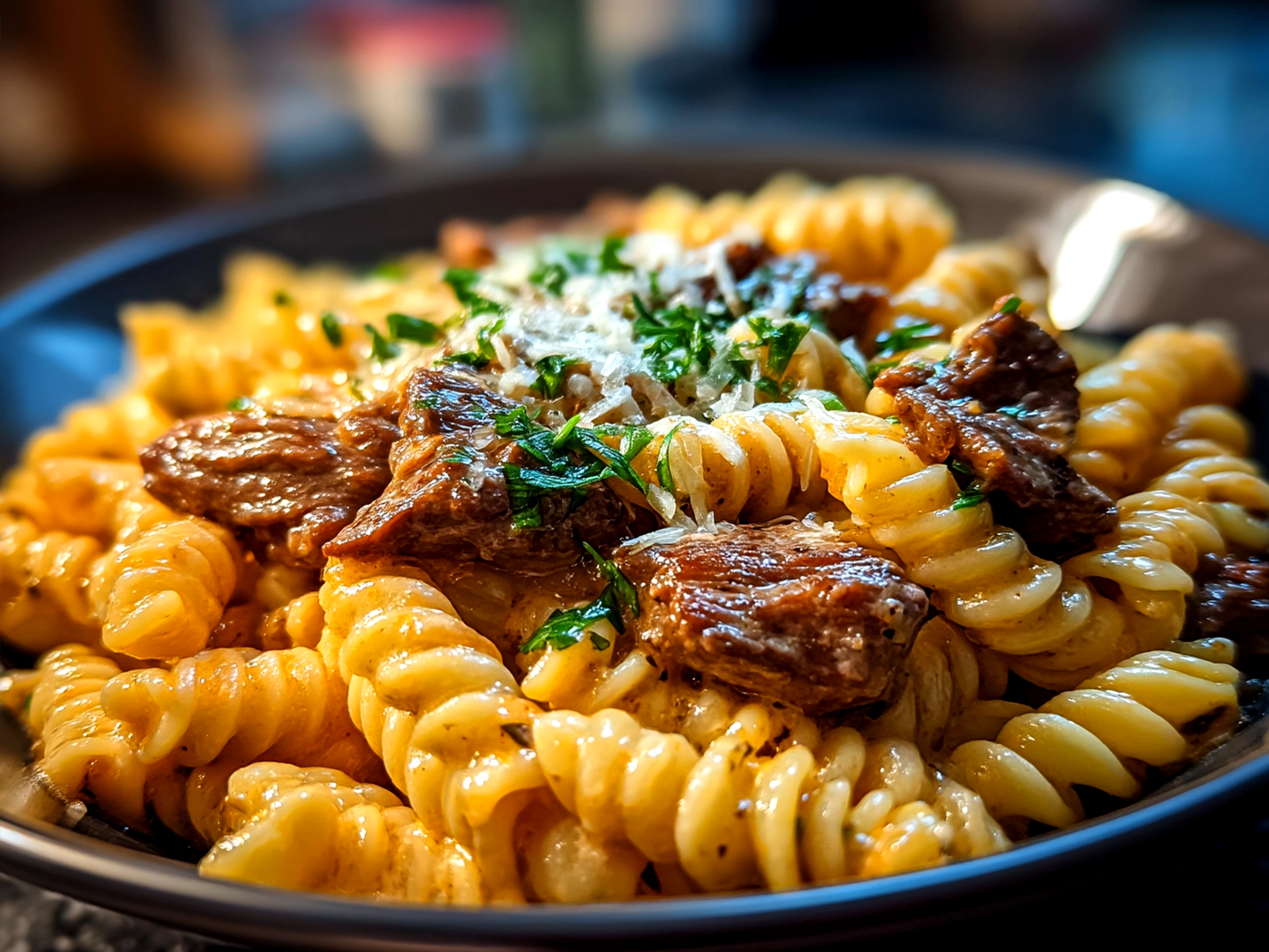 Creamy beef pasta served in a bowl, garnished and ready to eat