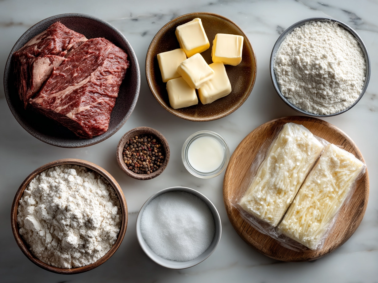 Ingredients for creamy beef pasta laid out on a kitchen counter