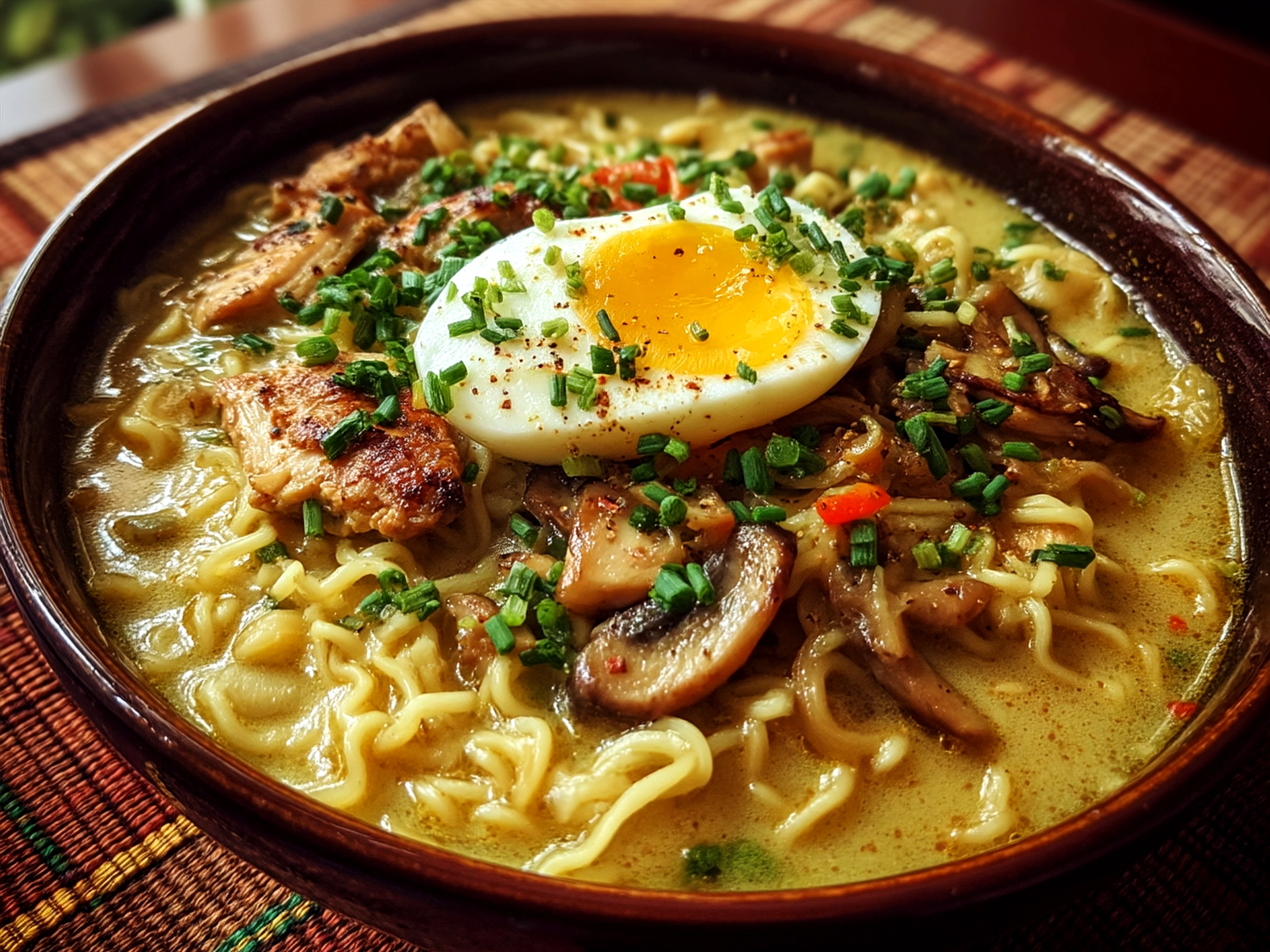 Serving bowl of Creamy Garlic Chicken Ramen garnished with green onions and soft boiled eggs