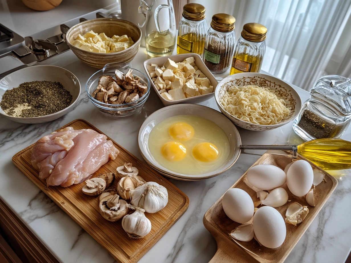 Ingredients for Creamy Garlic Chicken Ramen including garlic, chicken, broth, milk, and noodles