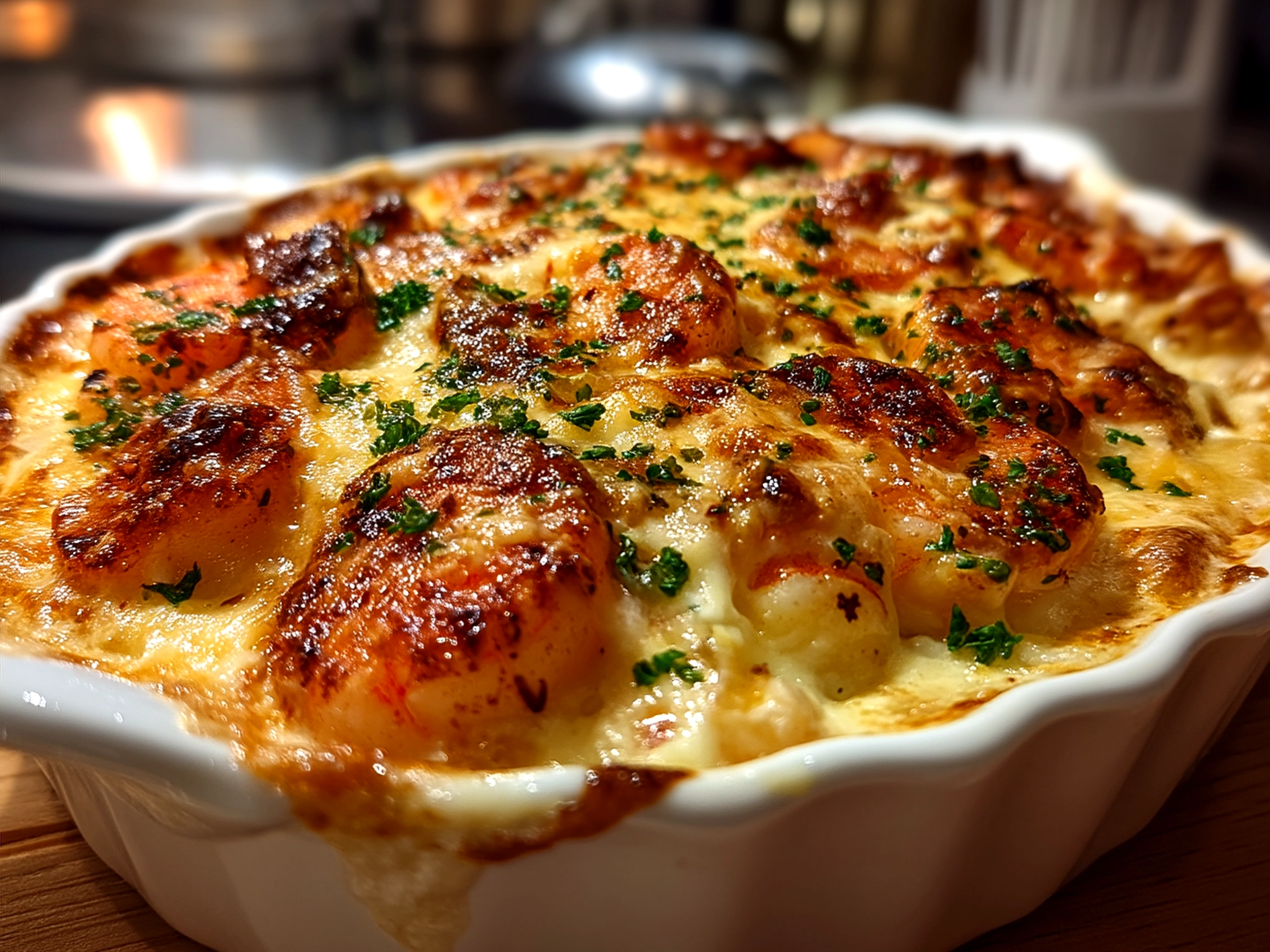 Served creamy seafood gratin garnished with fresh parsley