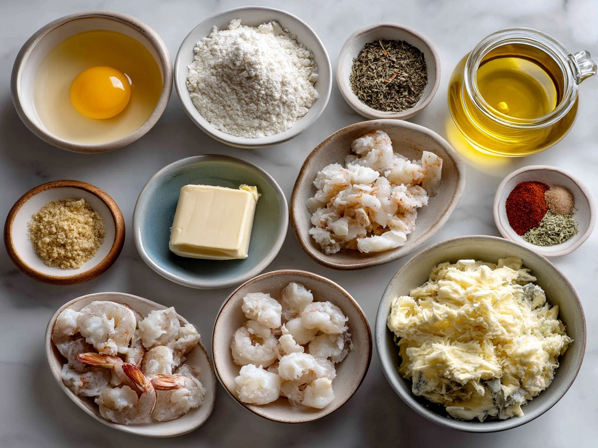 Ingredients for creamy seafood gratin including seafood, cream, cheeses, and spices
