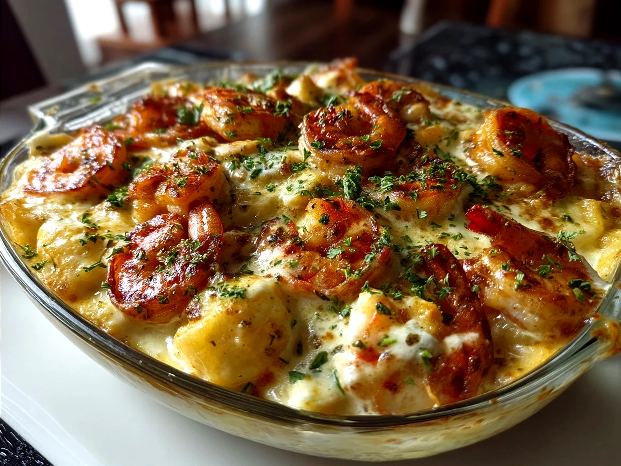 Freshly baked creamy shrimp casserole served with garnish and sides