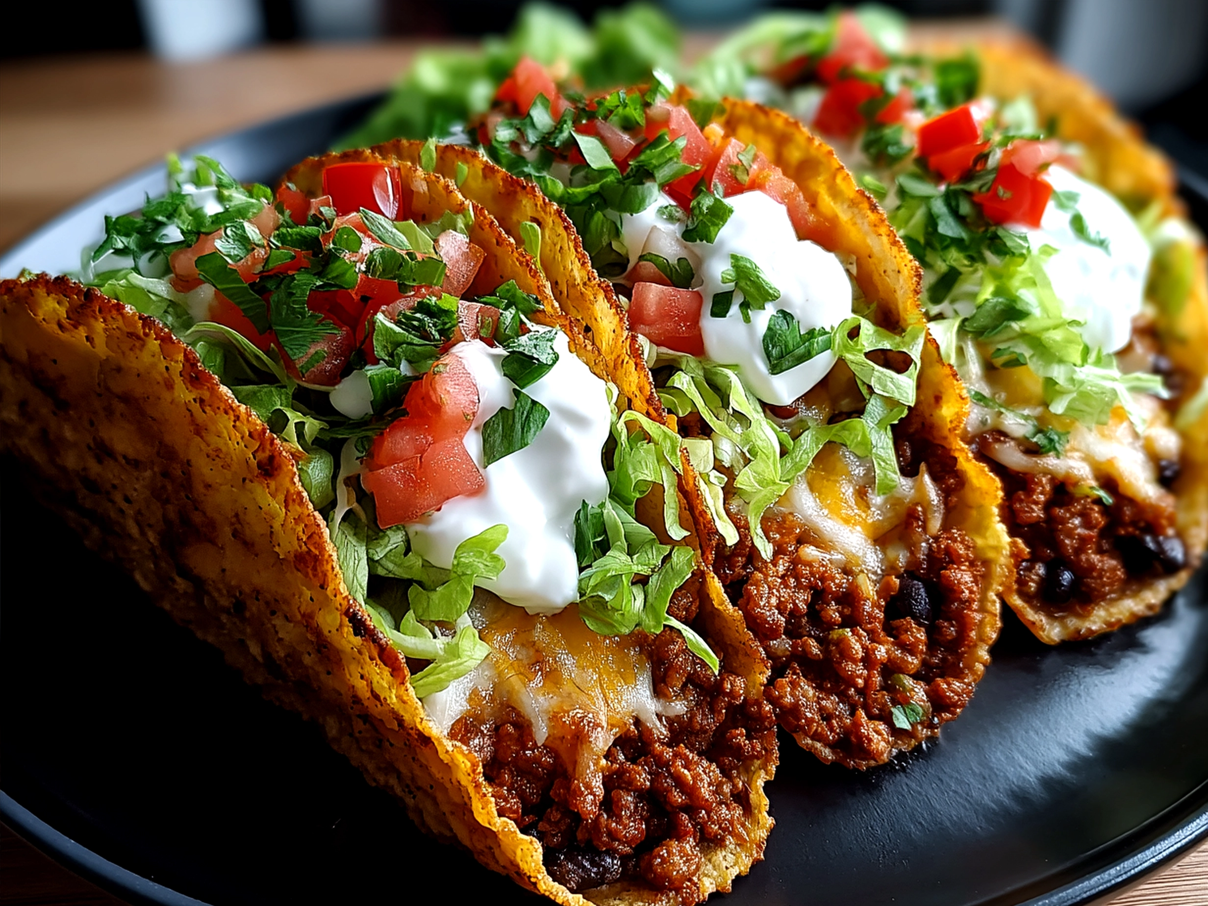 Crispy Baked Ground Turkey Black Bean Tacos served with fresh toppings