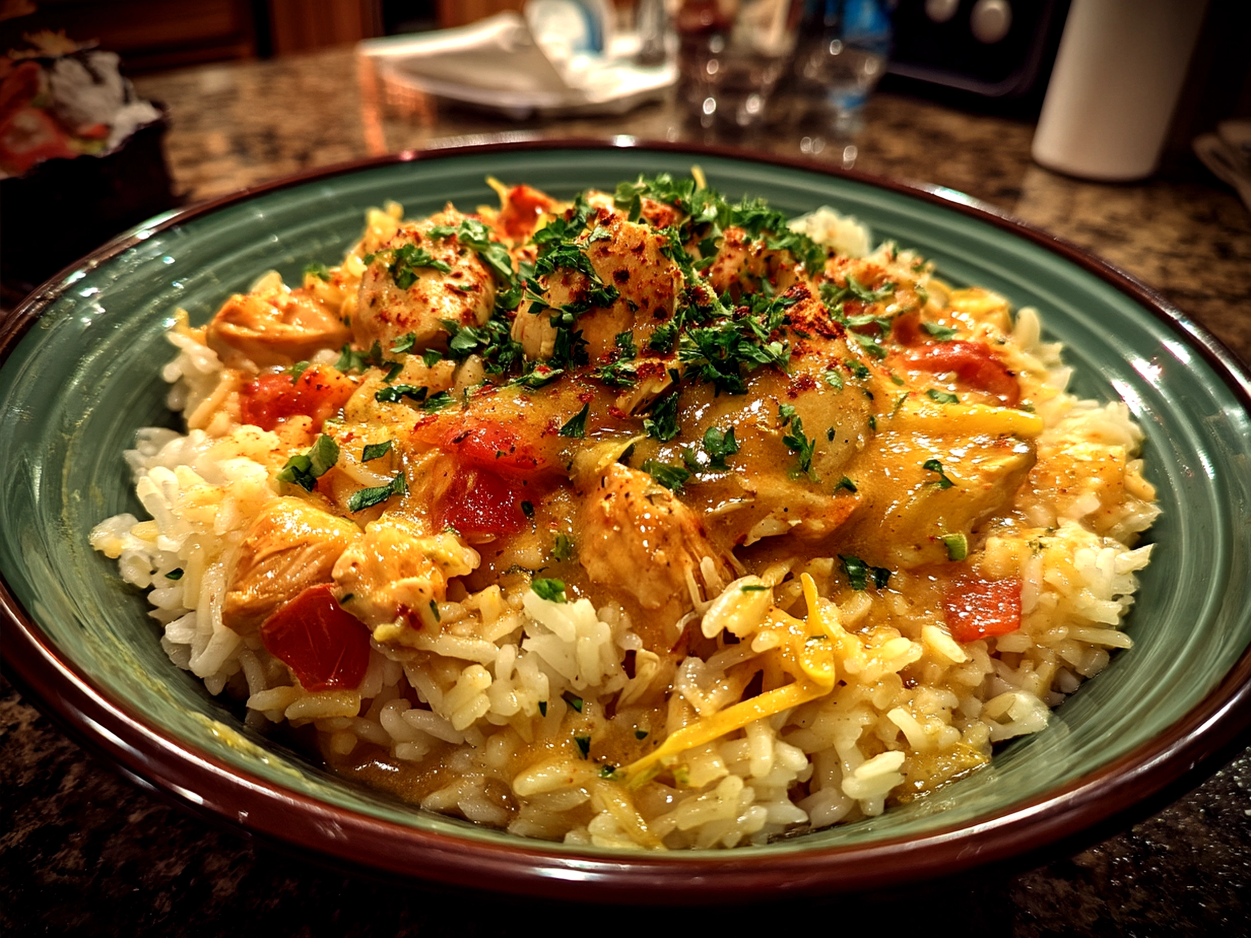 Served Crock Pot Chicken and Rice meal with parsley garnish on a plate