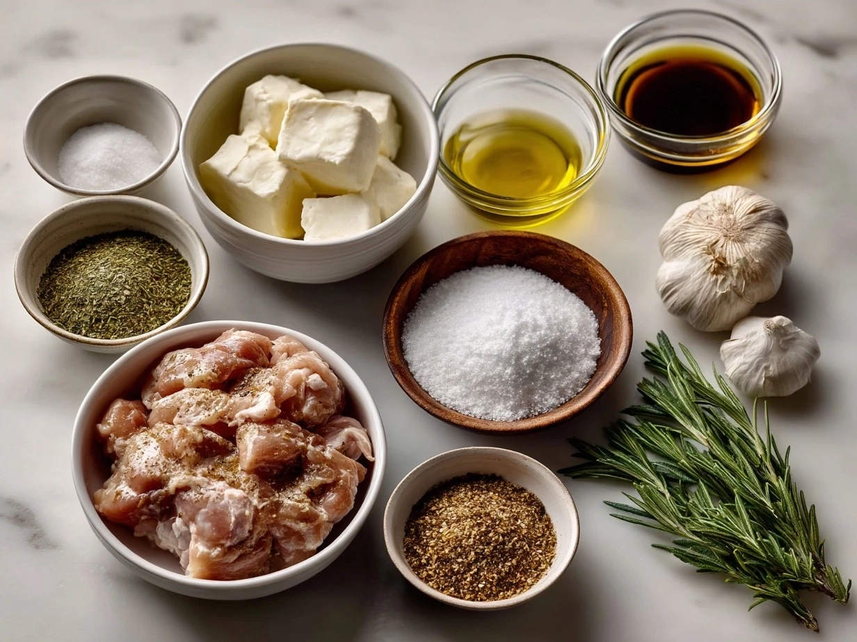 Ingredients for Crockpot Crack Chicken including chicken breasts, cheeses, bacon, ranch seasoning, garlic, and chicken broth
