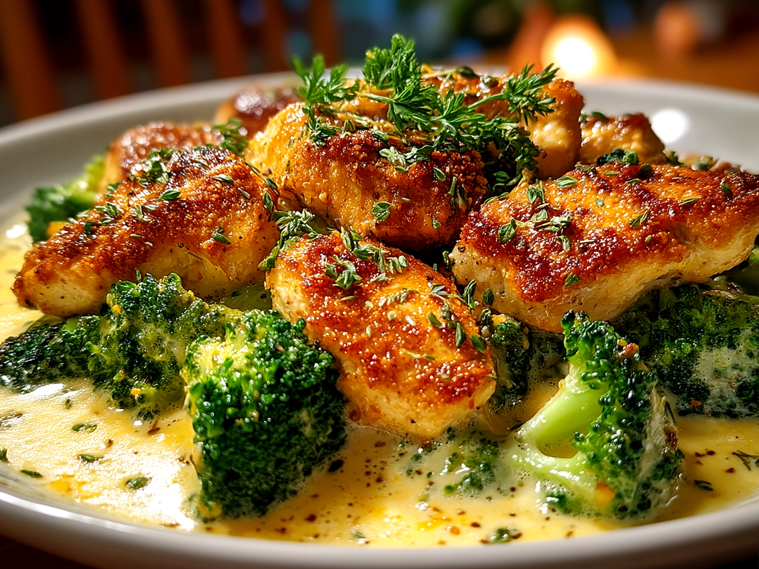 Serving of Crockpot Creamy Broccoli Cheddar Chicken plated with side dishes