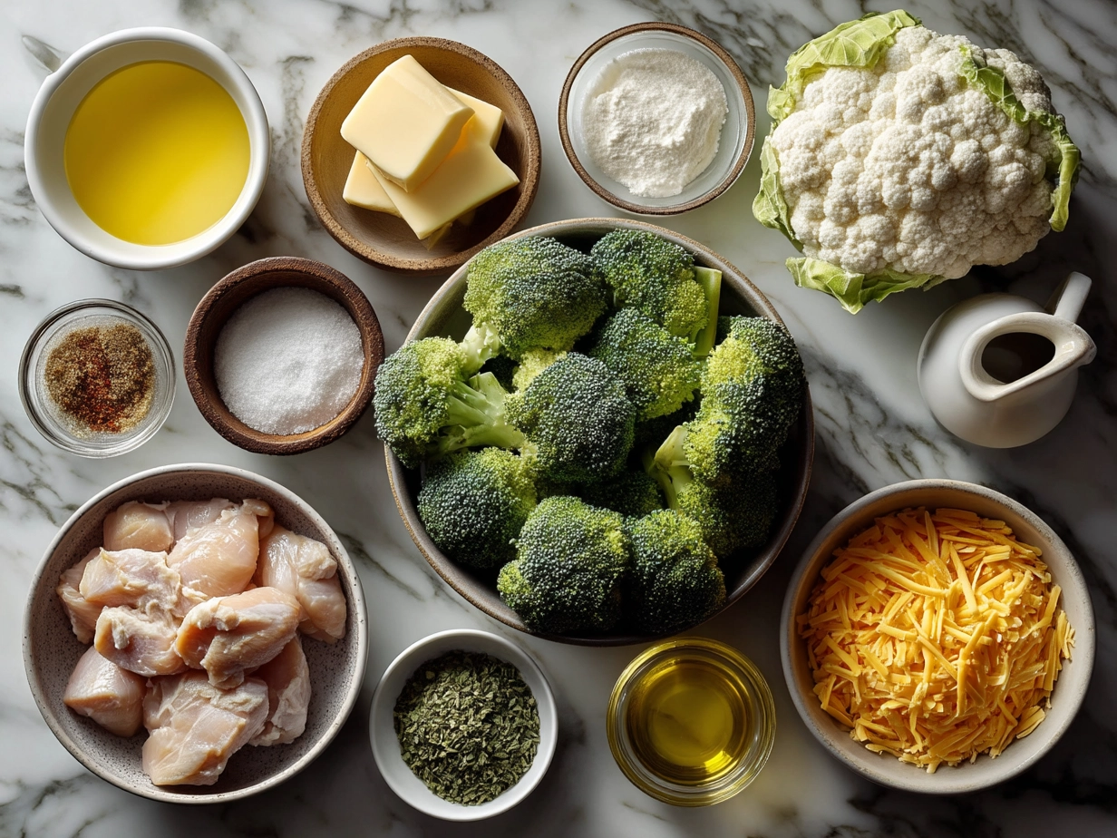 Ingredients for Crockpot Creamy Broccoli Cheddar Chicken including chicken breasts, broccoli, cheddar cheese, cream and herbs