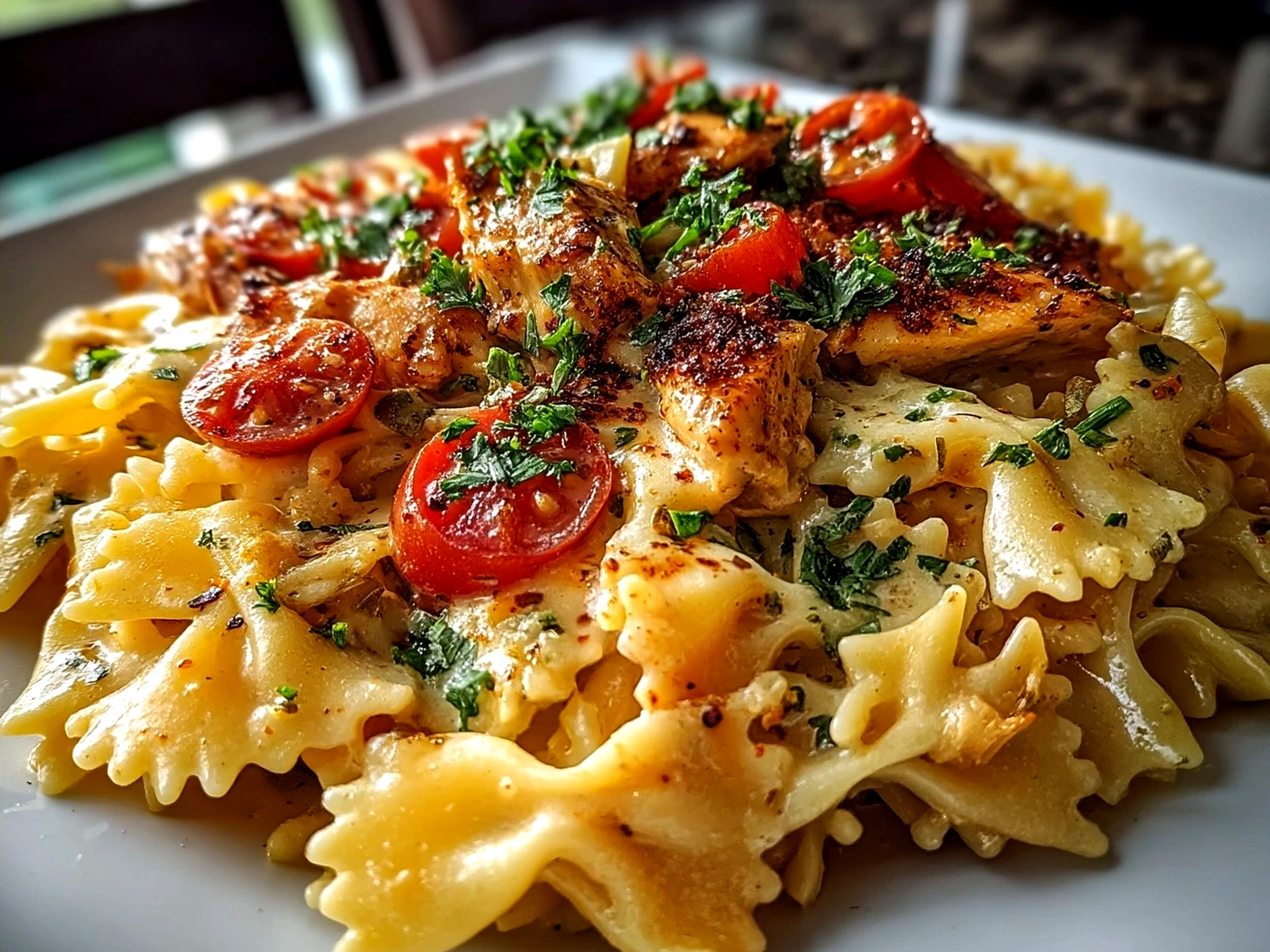 Serving of crock pot creamy Cajun chicken pasta garnished and ready to eat