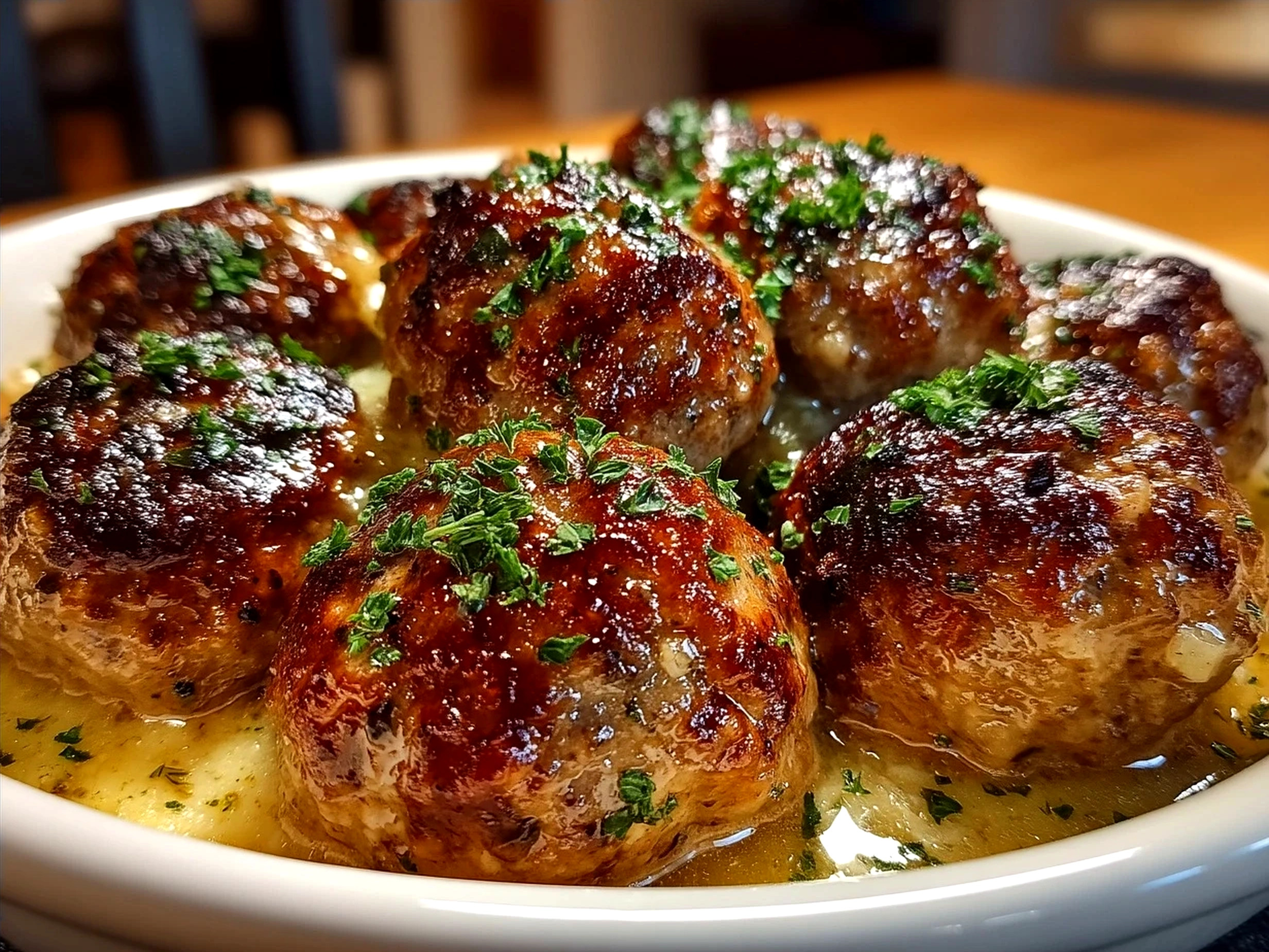 Serving Crock Pot French Onion Meatballs over mashed potatoes with green side