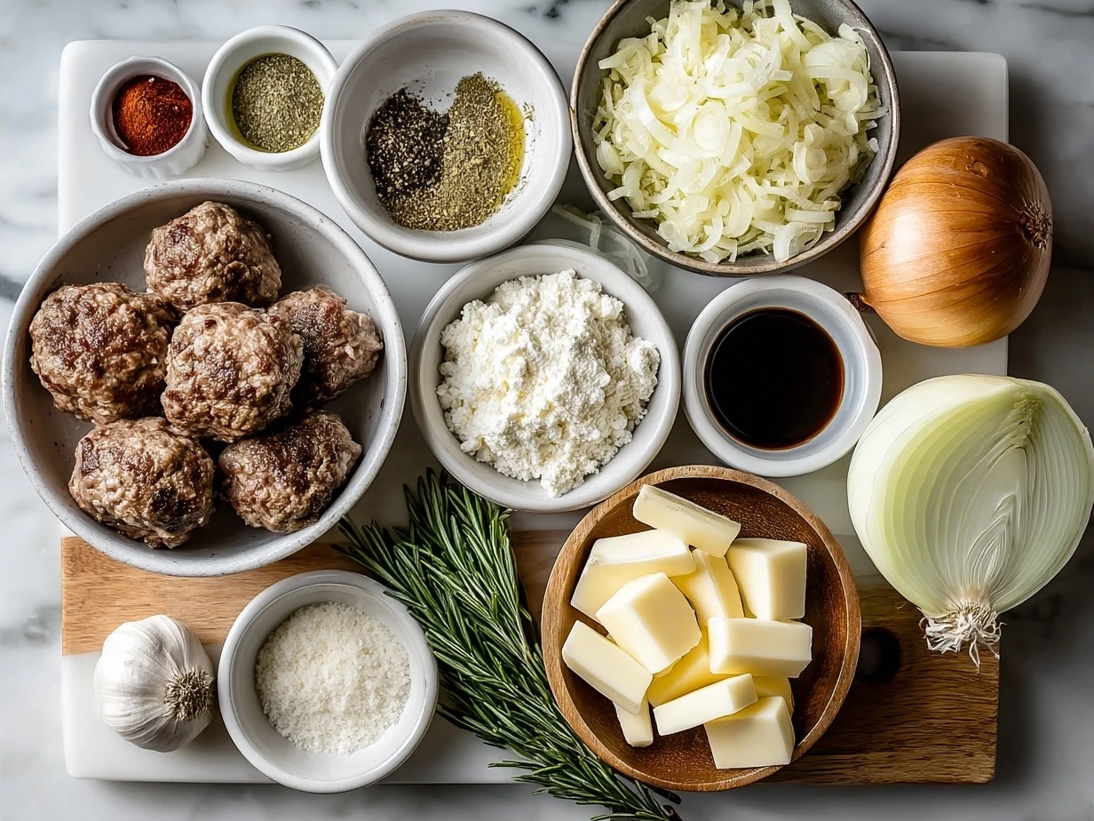 Ingredients for Crock Pot French Onion Meatballs including ground beef, onions, Swiss cheese, and spices