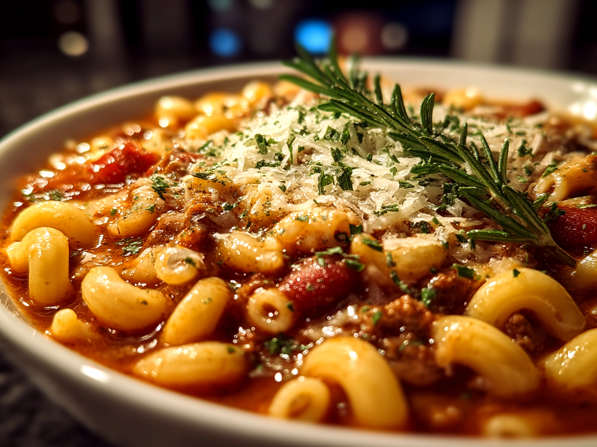 Bowl of Crock Pot Pasta Fagioli garnished with parsley and Parmesan cheese