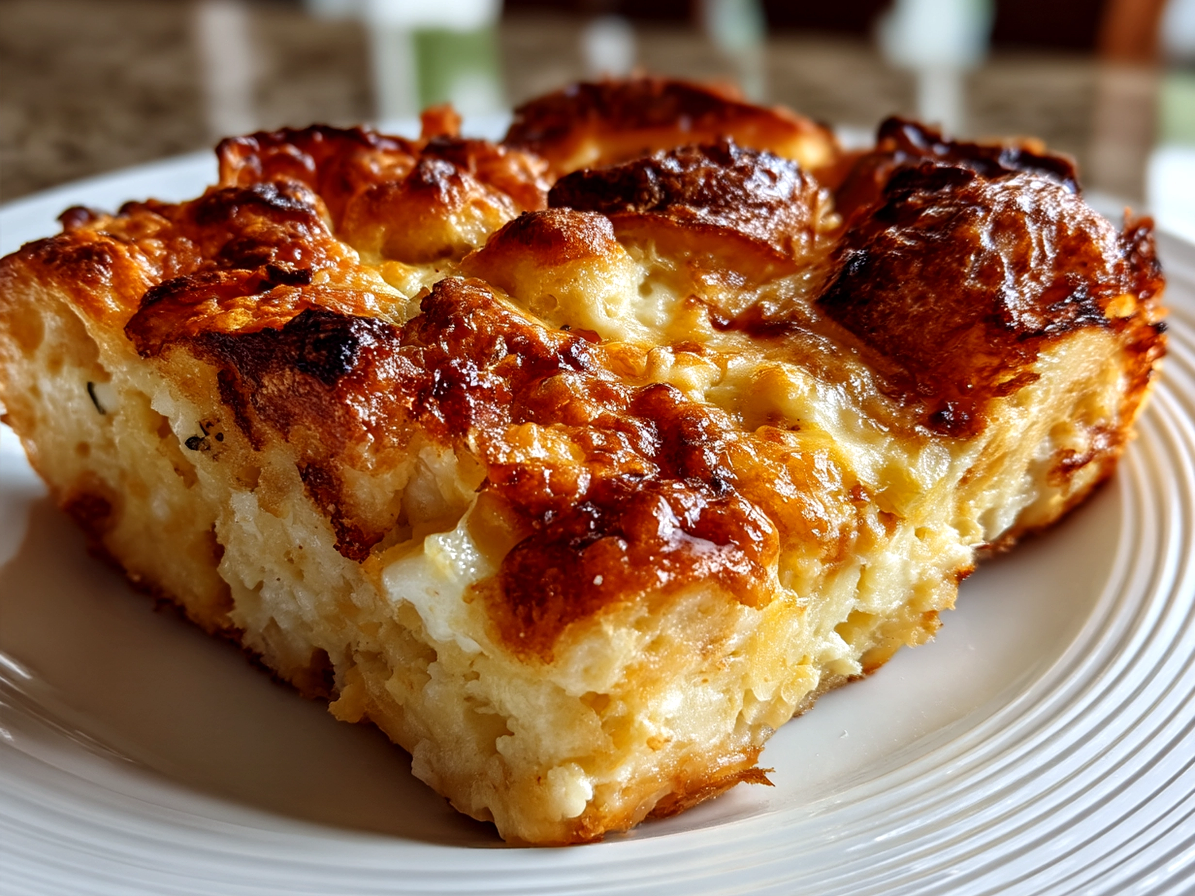 Served Croissant Breakfast Casserole garnished with fresh chives, ready to enjoy with family