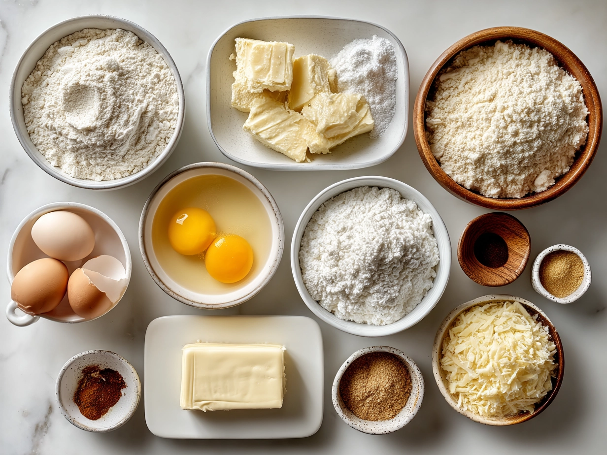 Ingredients for Croissant Breakfast Casserole including eggs, croissants, cheese, and spices