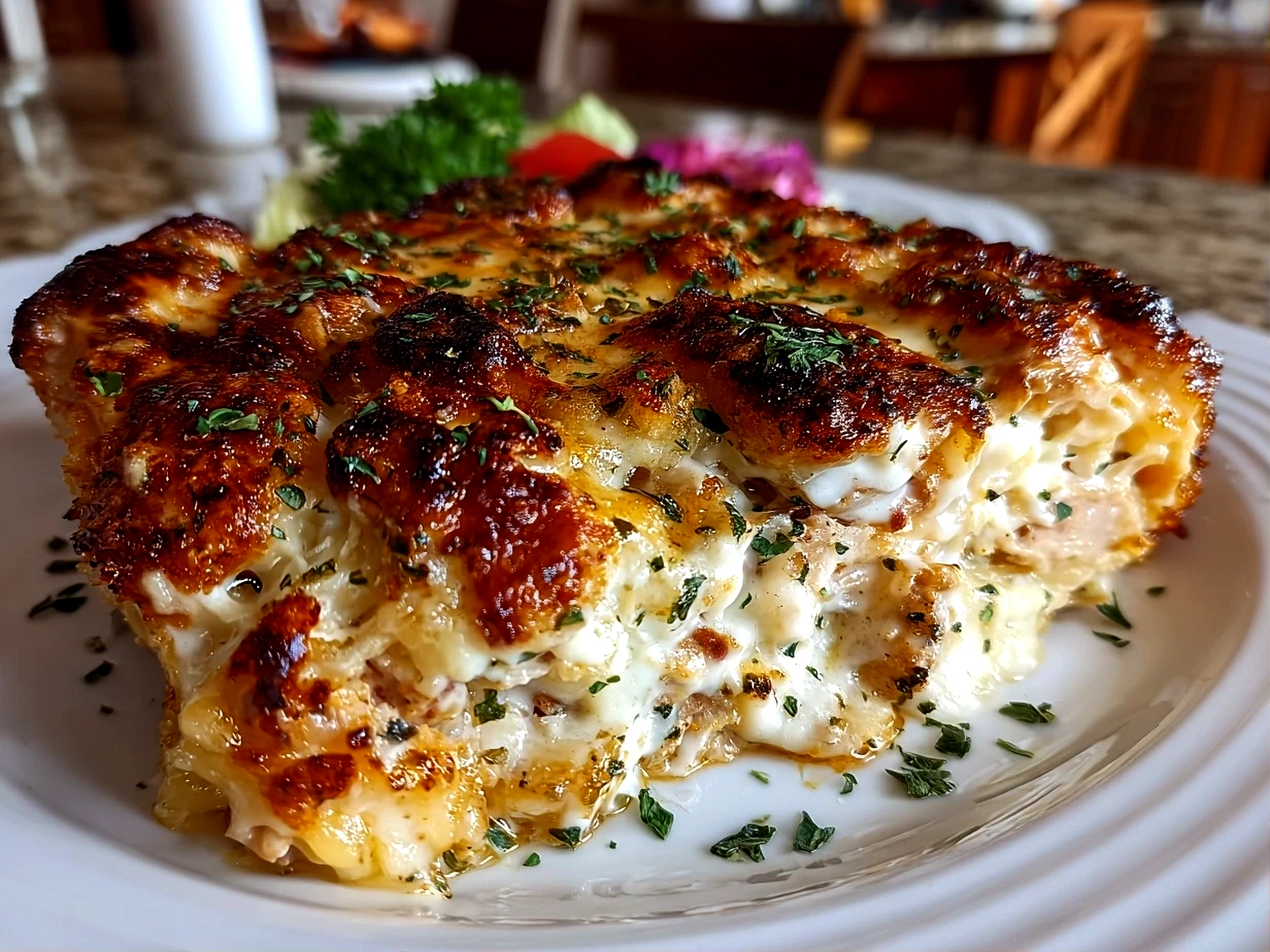 Delicious homemade Chicken Cordon Bleu Casserole ready to serve