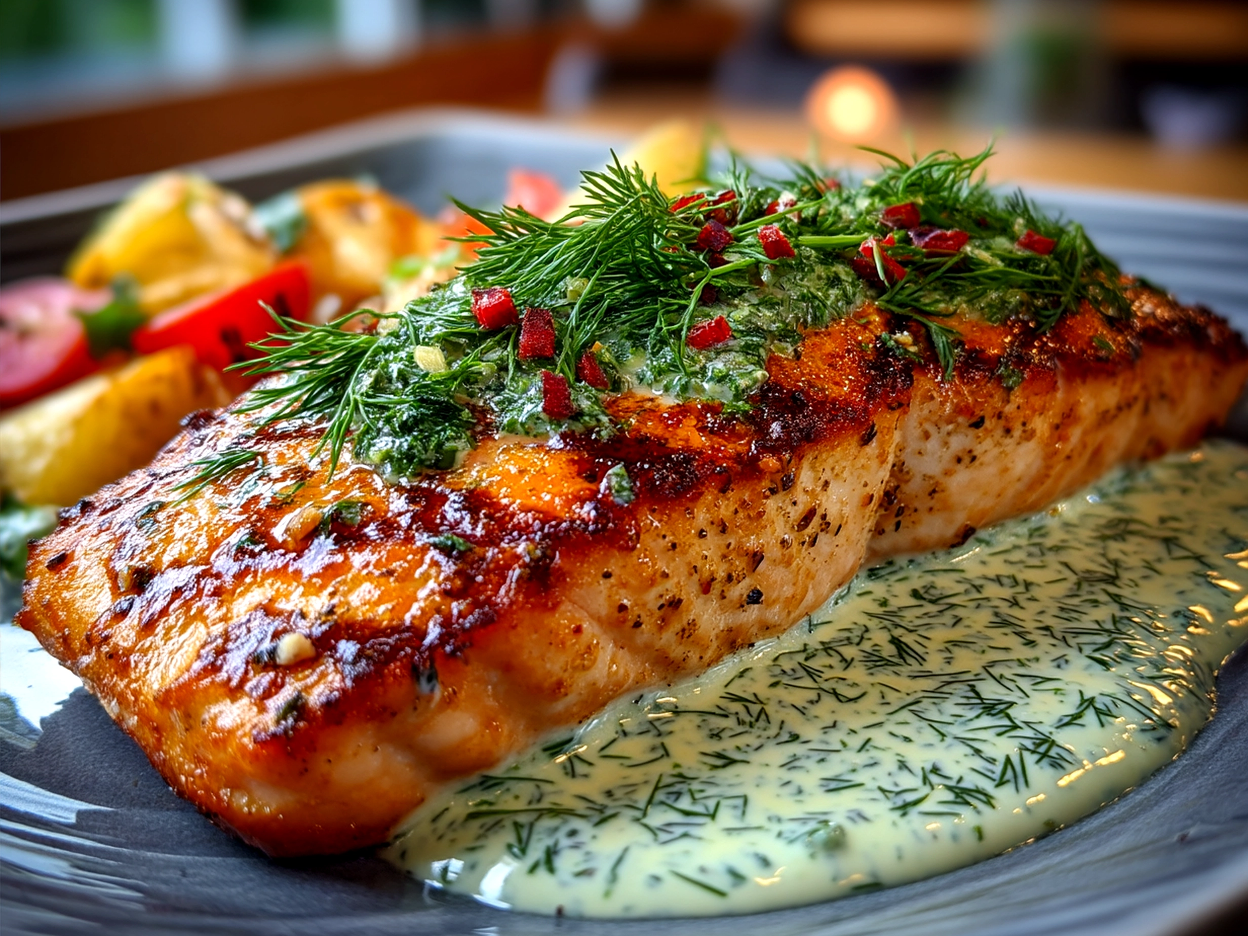 Serving dish of Dill Salmon with Potato Wedges and Creamy Pickle Dill Sauce