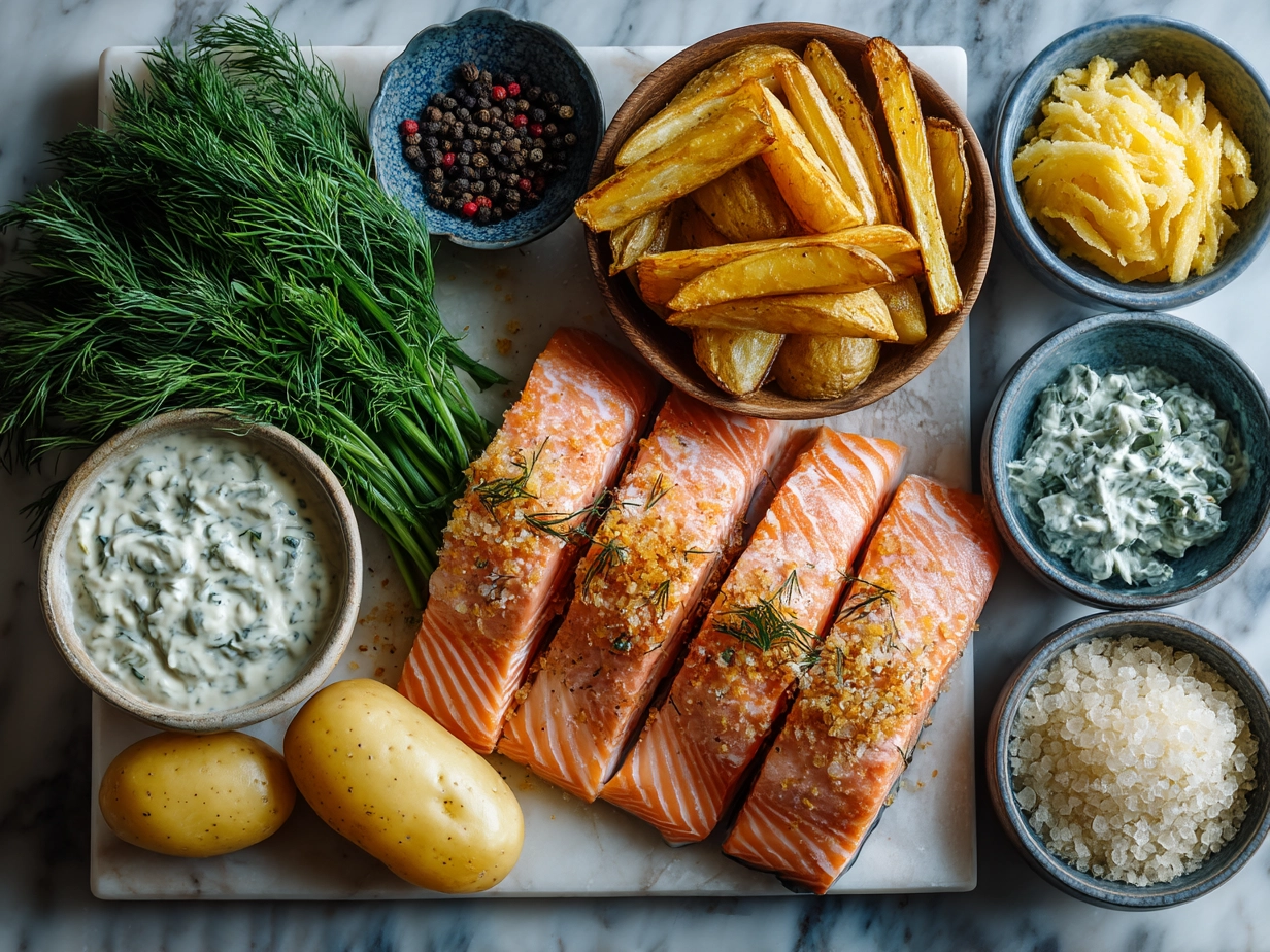 Ingredients for Dill Salmon with Potato Wedges and Creamy Pickle Dill Sauce