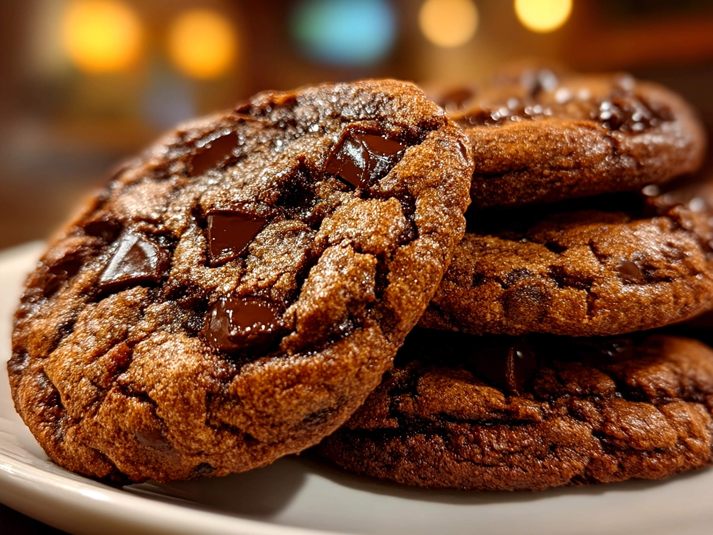 Freshly baked double chocolate chip cookies served on a rustic wooden board garnished with fresh berries and mint