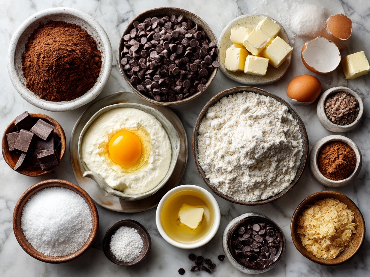 Ingredients for double chocolate chip cookies laid out on a kitchen counter
