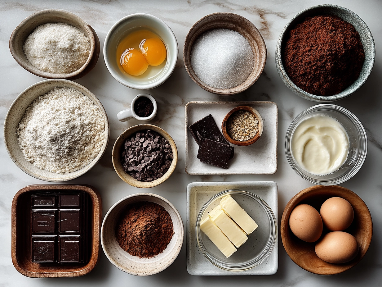 Ingredients for Double Chocolate Sourdough Cookies including sourdough starter, butter, cocoa powder, and chocolate chips