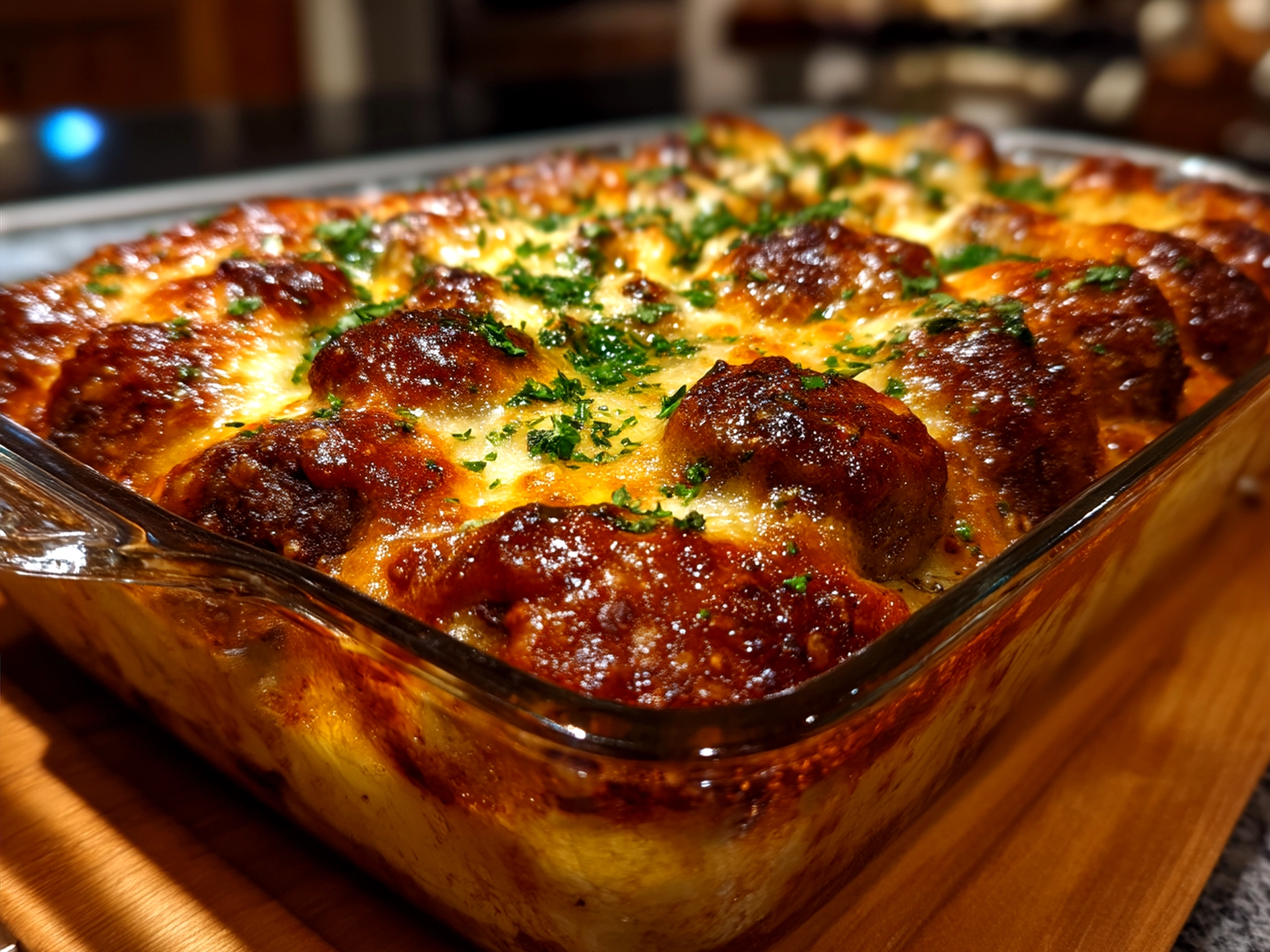 Served Dump-and-Bake Meatball Casserole fresh from the oven with melted mozzarella and basil