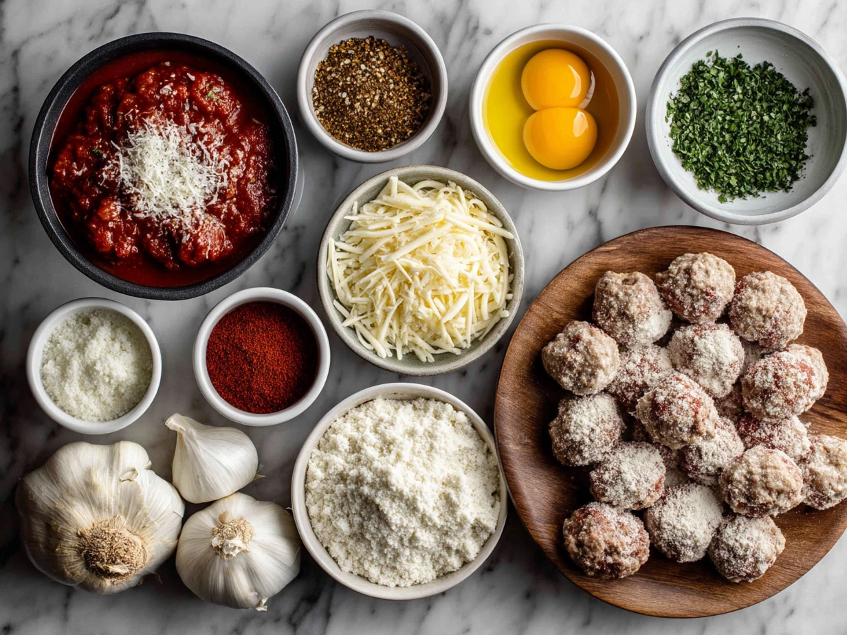 Ingredients laid out for Dump-and-Bake Meatball Casserole including ground beef, Parmesan, spices, and marinara sauce