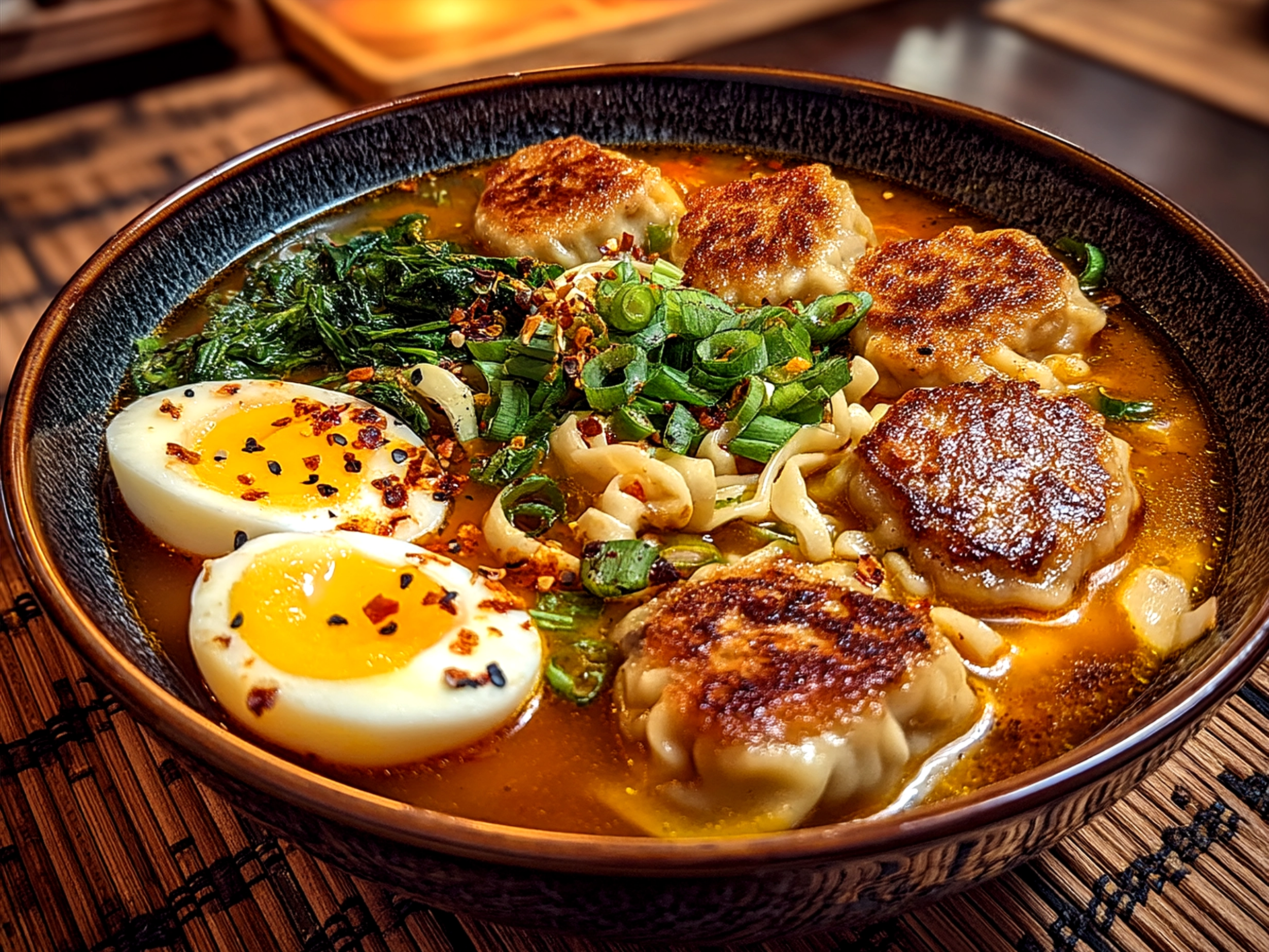 Serving of Dumpling Ramen Bowl with green onions, herbs, and chili flakes garnished beautifully