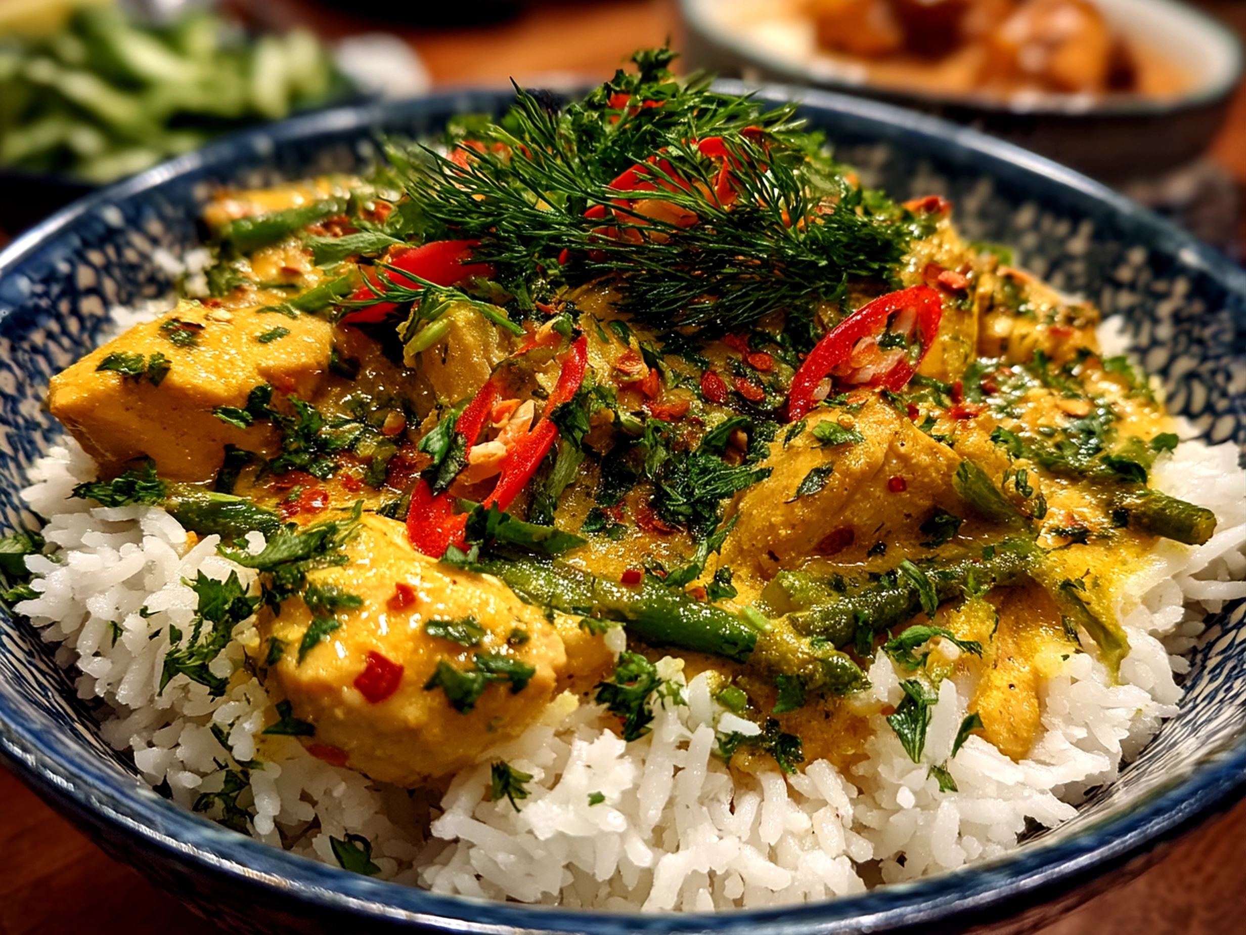 Finished beautiful Thai Chicken Coconut Curry served in a bowl