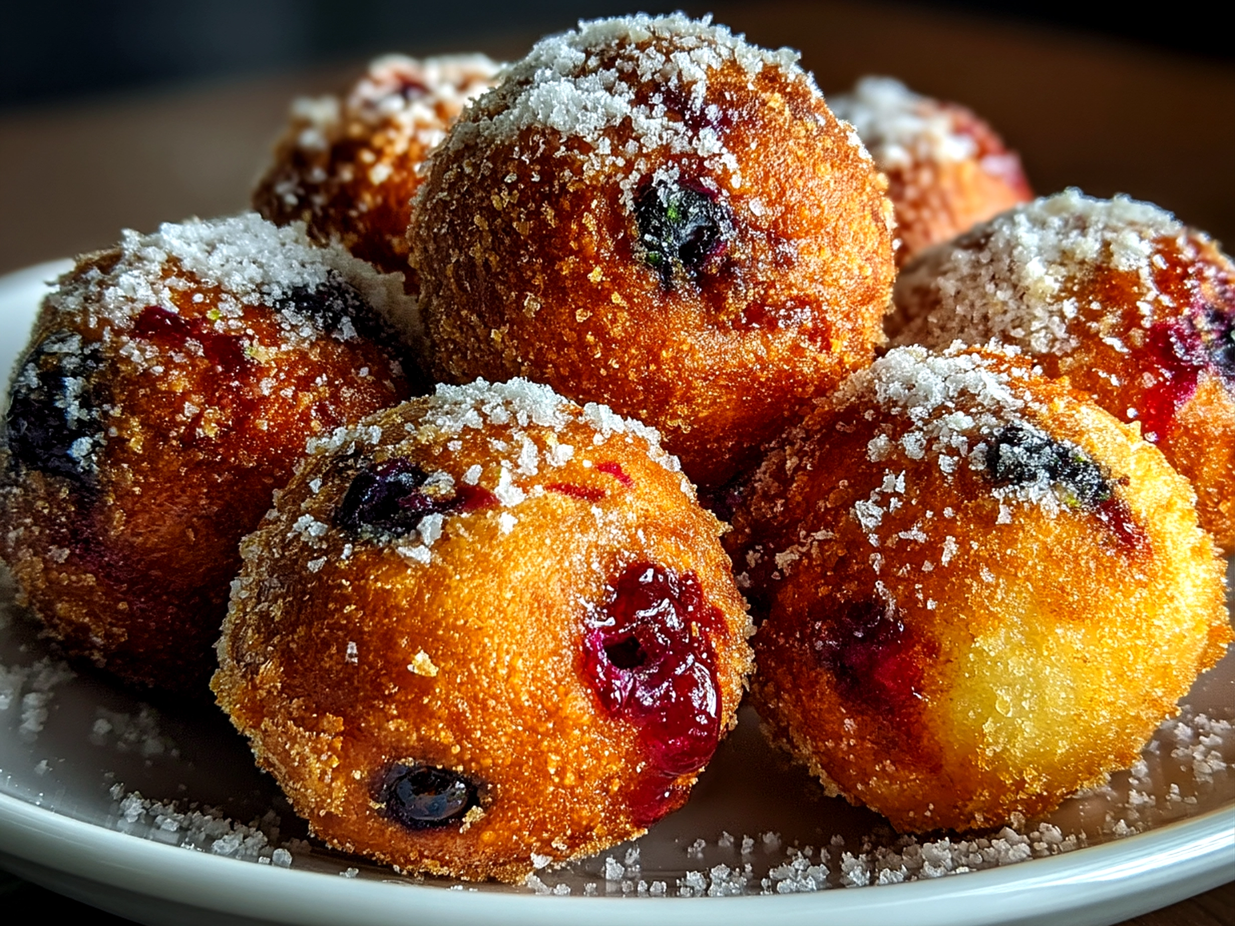 Close up finished maple blueberry sourdough donut holes with fresh garnish