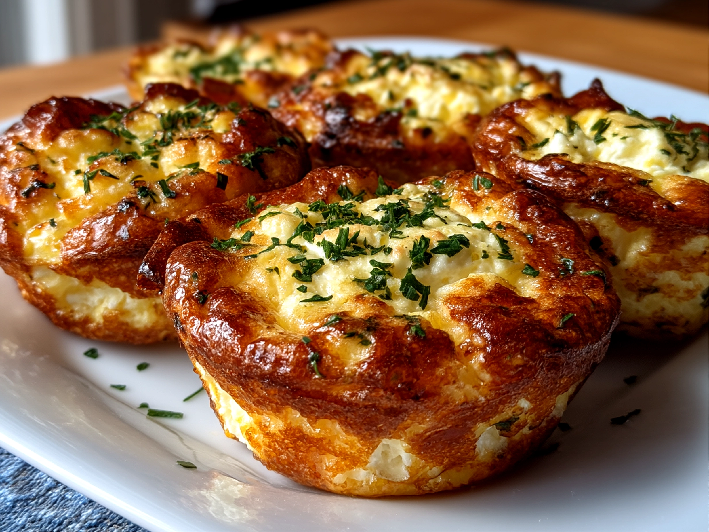 Close-up of freshly baked Cottage Cheese Egg Bites garnished with chopped chives