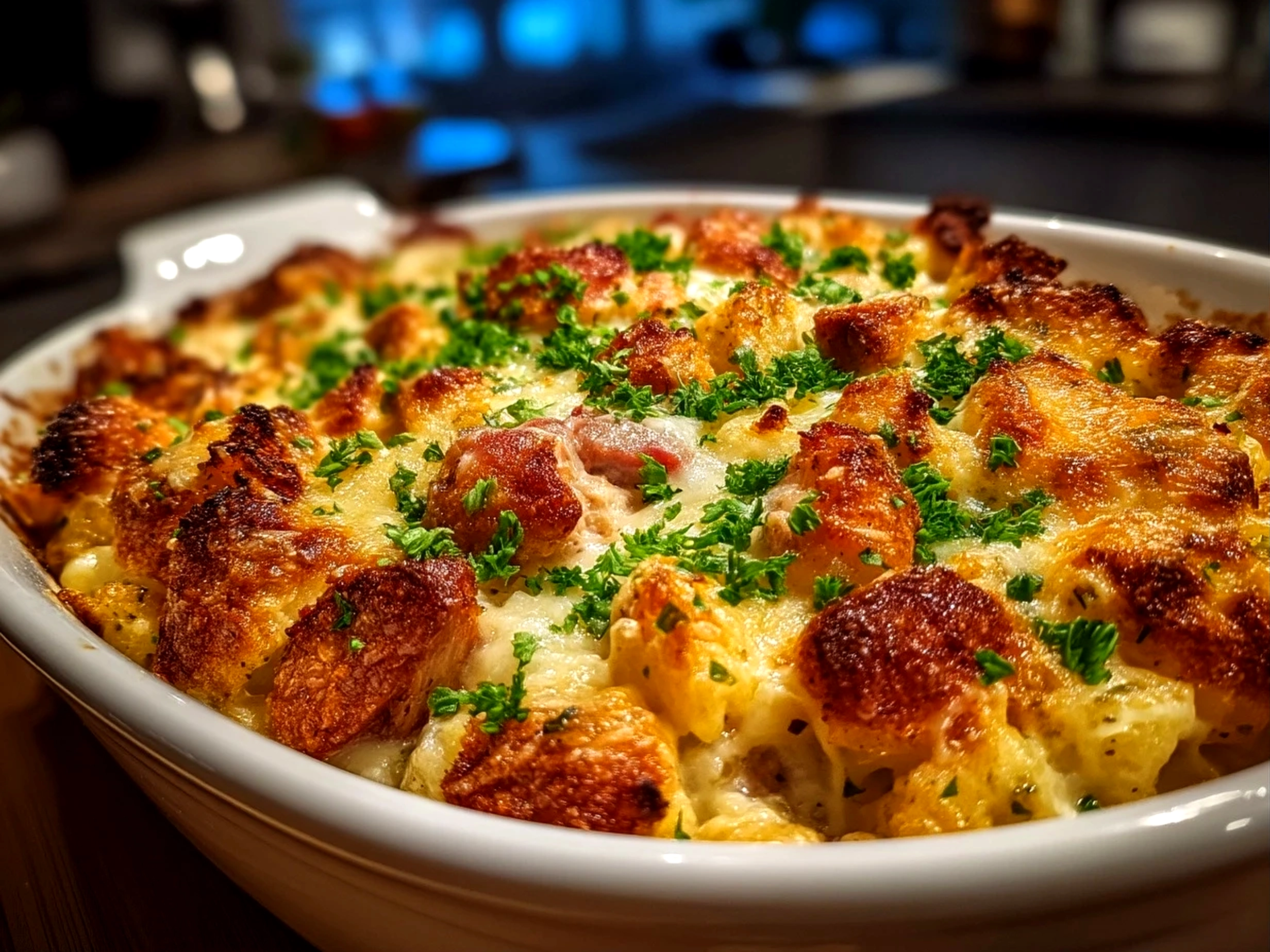 Close up of finished fresh Chicken Cordon Bleu Casserole