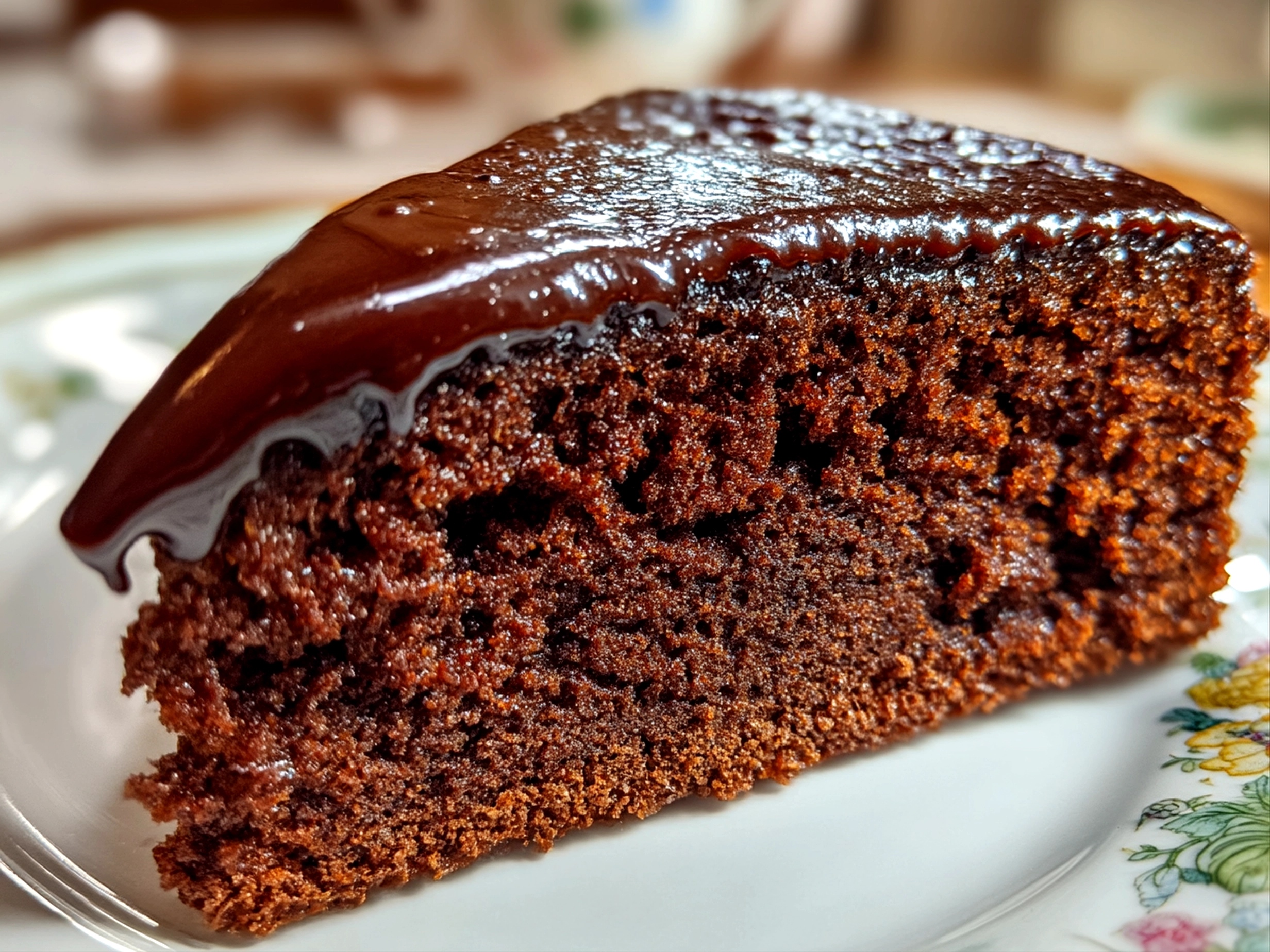 A finished slice of moist layered chocolate cake ready to serve