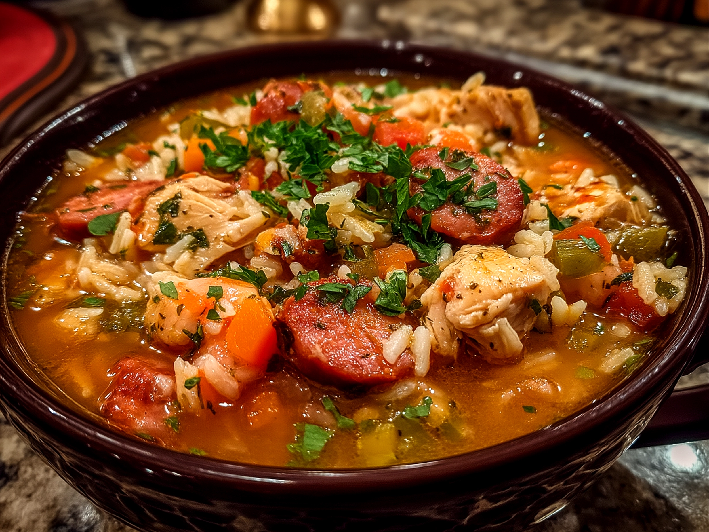 Close-up of finished Spicy Jambalaya Soup with Andouille Sausage Chicken in a bowl