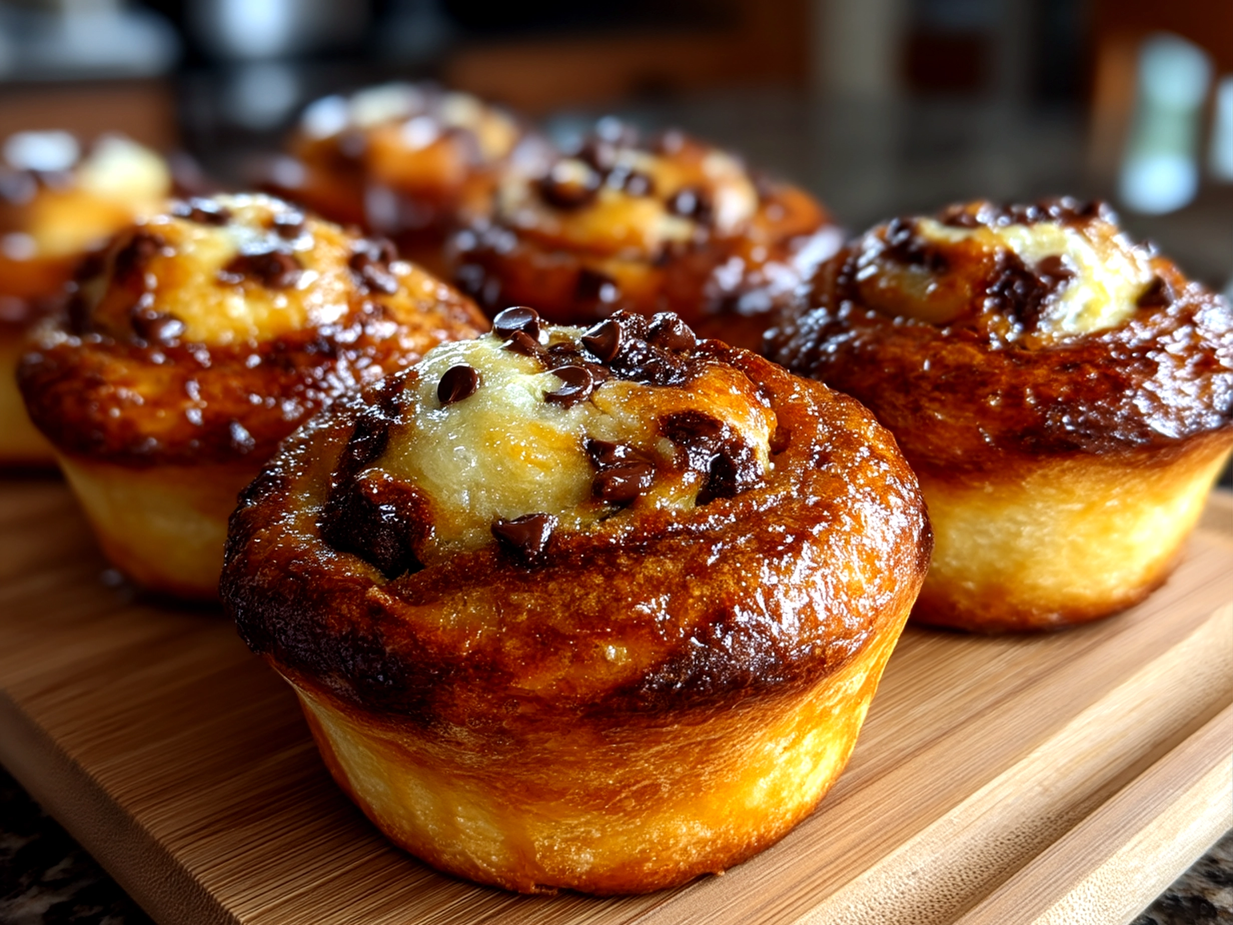 Warm golden Chocolate Chip Sourdough Cruffins garnished with fresh herbs