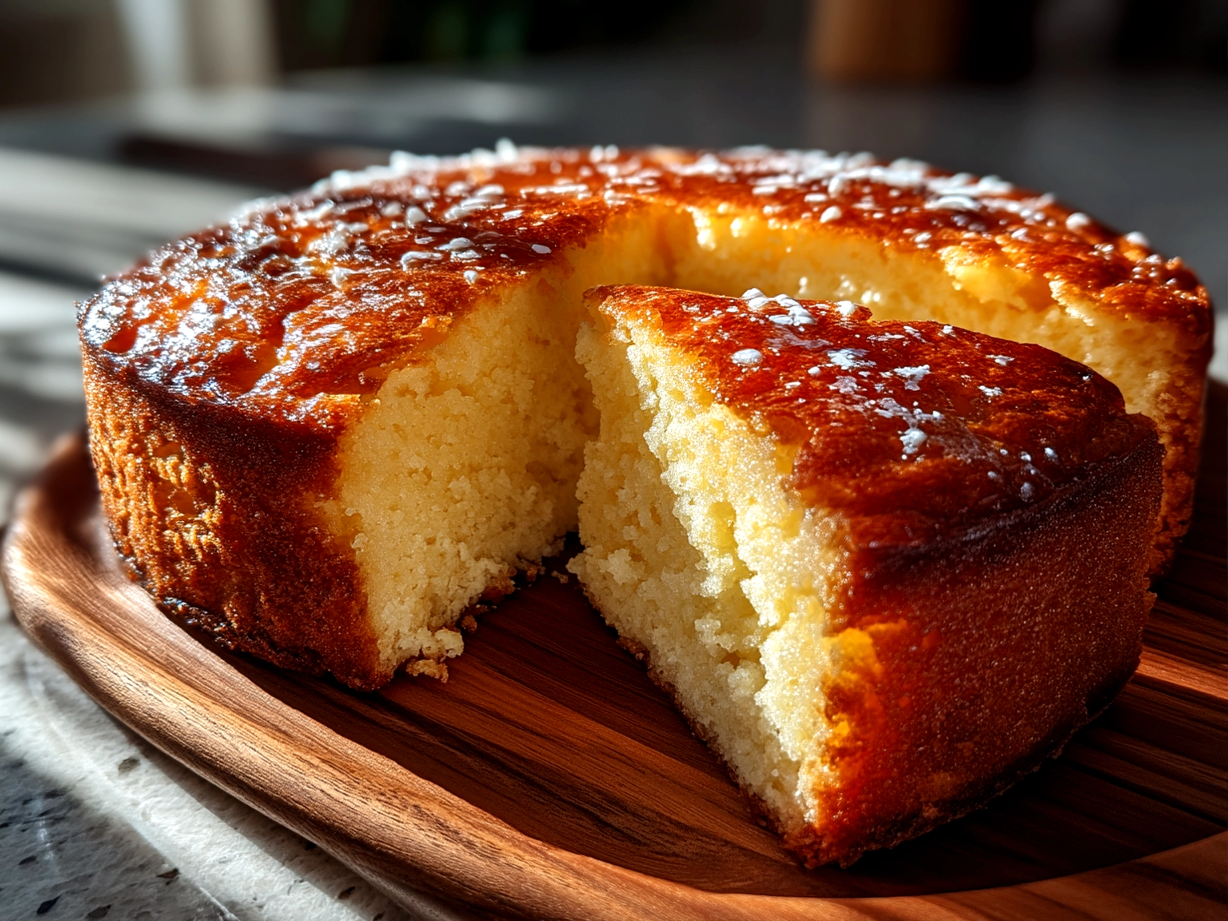 Close-up of freshly baked creamy yogurt cake with natural shadows