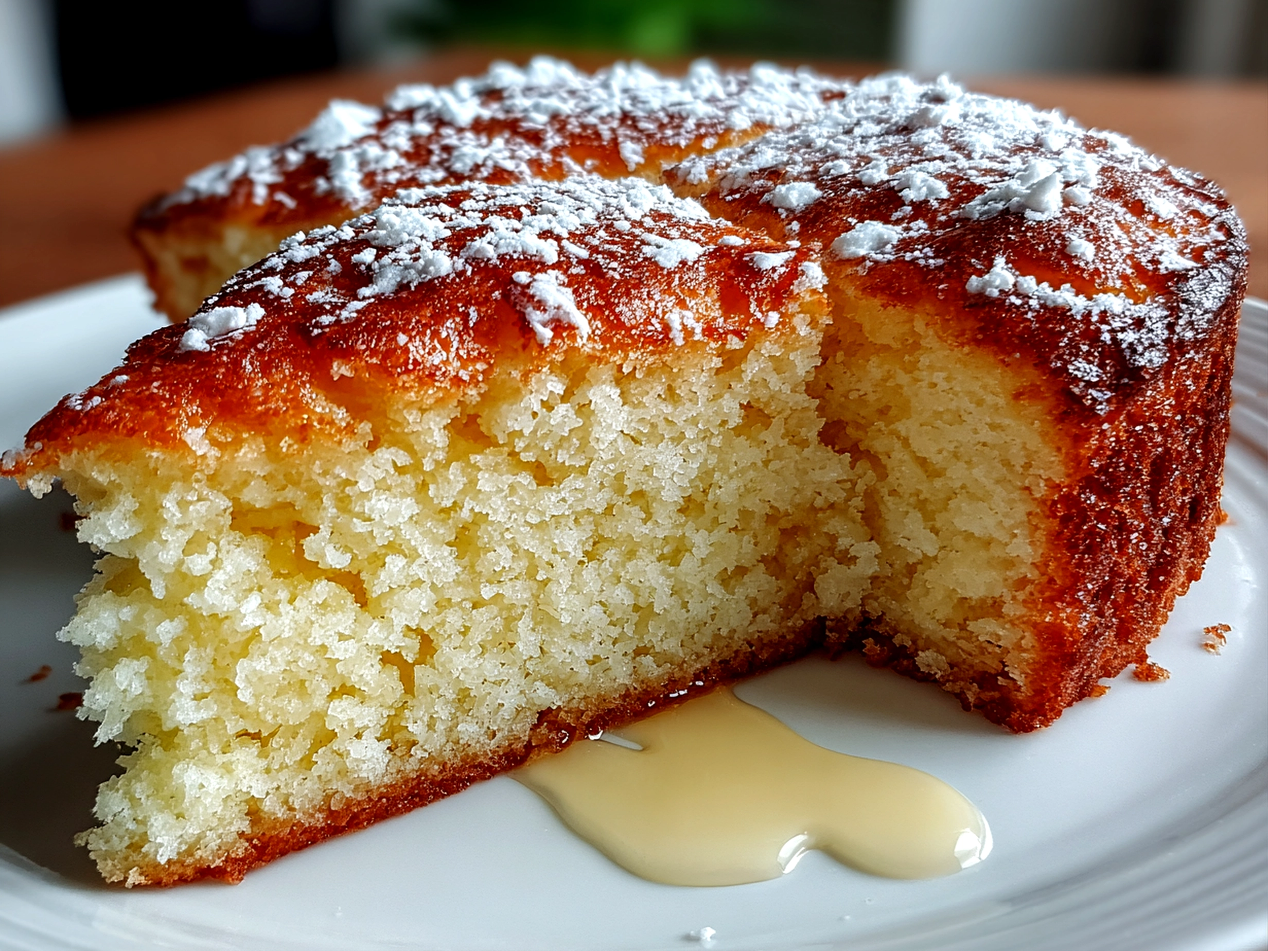 Freshly prepared 3 Ingredient Creamy Yogurt Cake slice on white plate