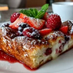 Freshly prepared Berry Croissant Bake on white plate