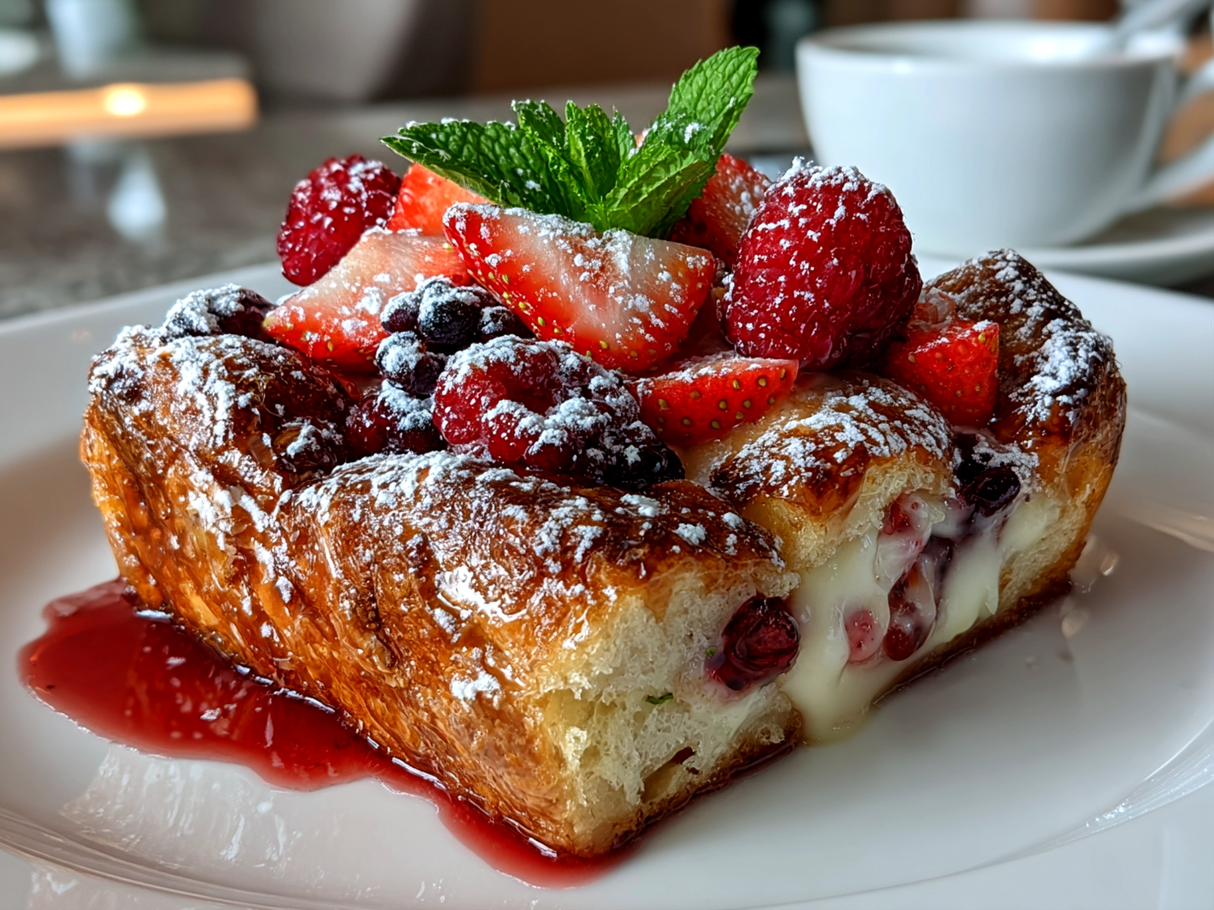 Freshly prepared Berry Croissant Bake on white plate